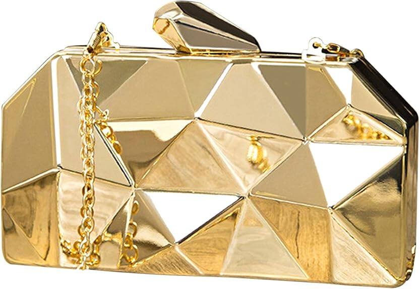 Front. Vulpecula Spade - Women Lattice Pattern Metal Handbag Chain Geometric Evening Clutch Purse - Gold.