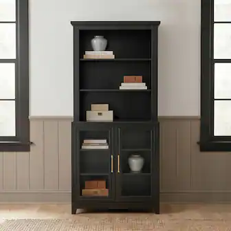 Martha Stewart - Bedford Modular Cabinet and Hutch Set, Premium Hardware, Open Top Shelves, Soft-Close Glass Doors - Black Frame/Gold Hardware