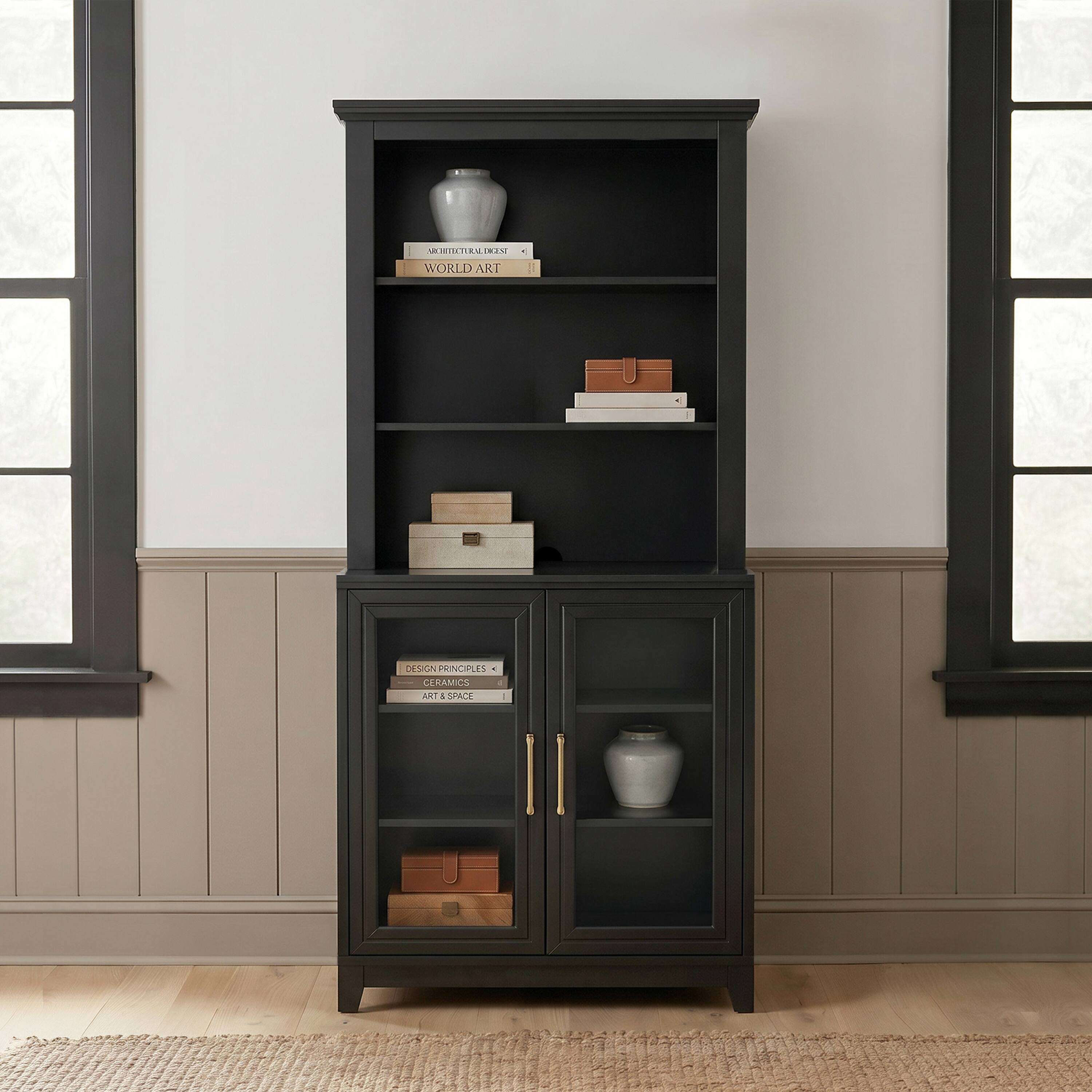 Martha Stewart - Bedford Modular Cabinet and Hutch Set, Premium Hardware, Open Top Shelves, Soft-Close Glass Doors - Black Frame/Gold Hardware