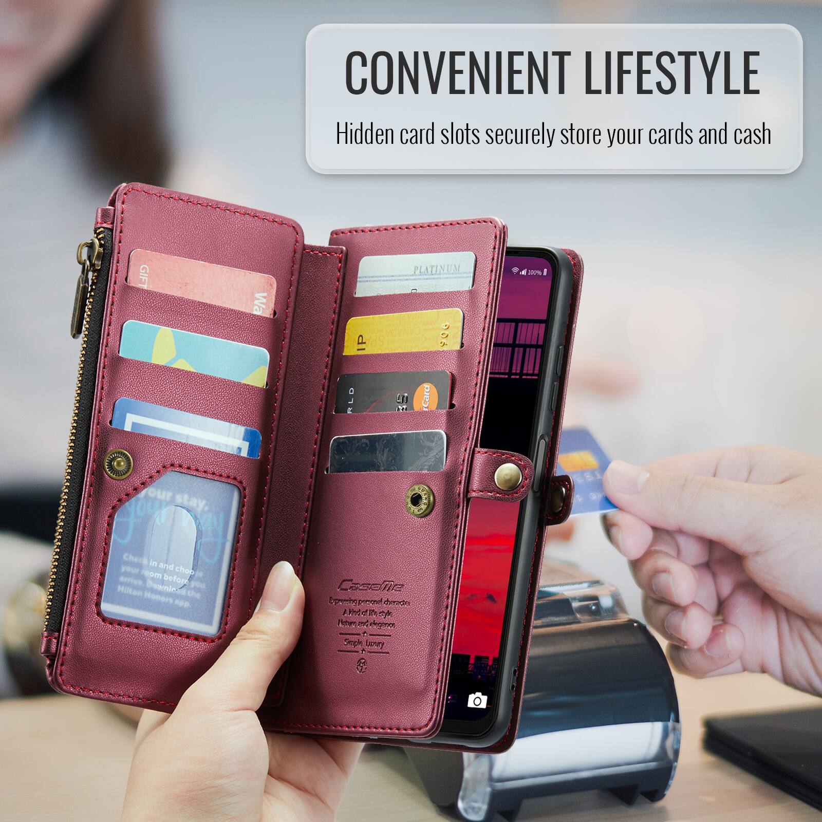 CONVENIENT LIFESTYLE  
Hidden card slots securely store your cards and cash  

GIFT Wa IP SP PLATINUM  

A 200% 1 ALD 19 FCard  

your stay, ou U Check in your and choo com ie errive bofope you Hilton DewnteS the Homers ap Casdiie  

po rdi g Khe o I o  

m egnnot - Smple ArY