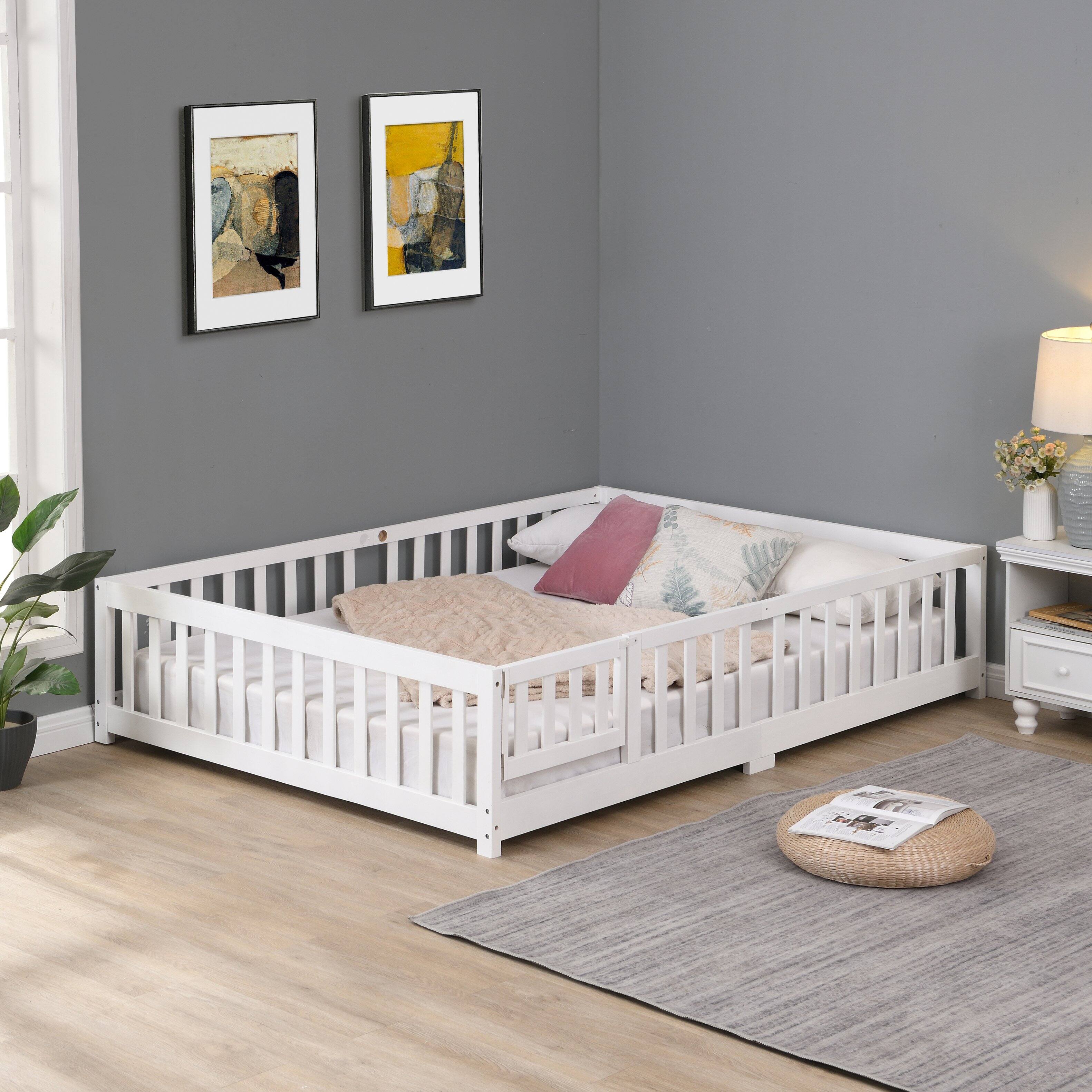 Front. Tiramisubest - full Size Floor Bed with Door,Solid Wood Platform Bed Frame with Fence,Suitable for children,Pine Wood,White - White.