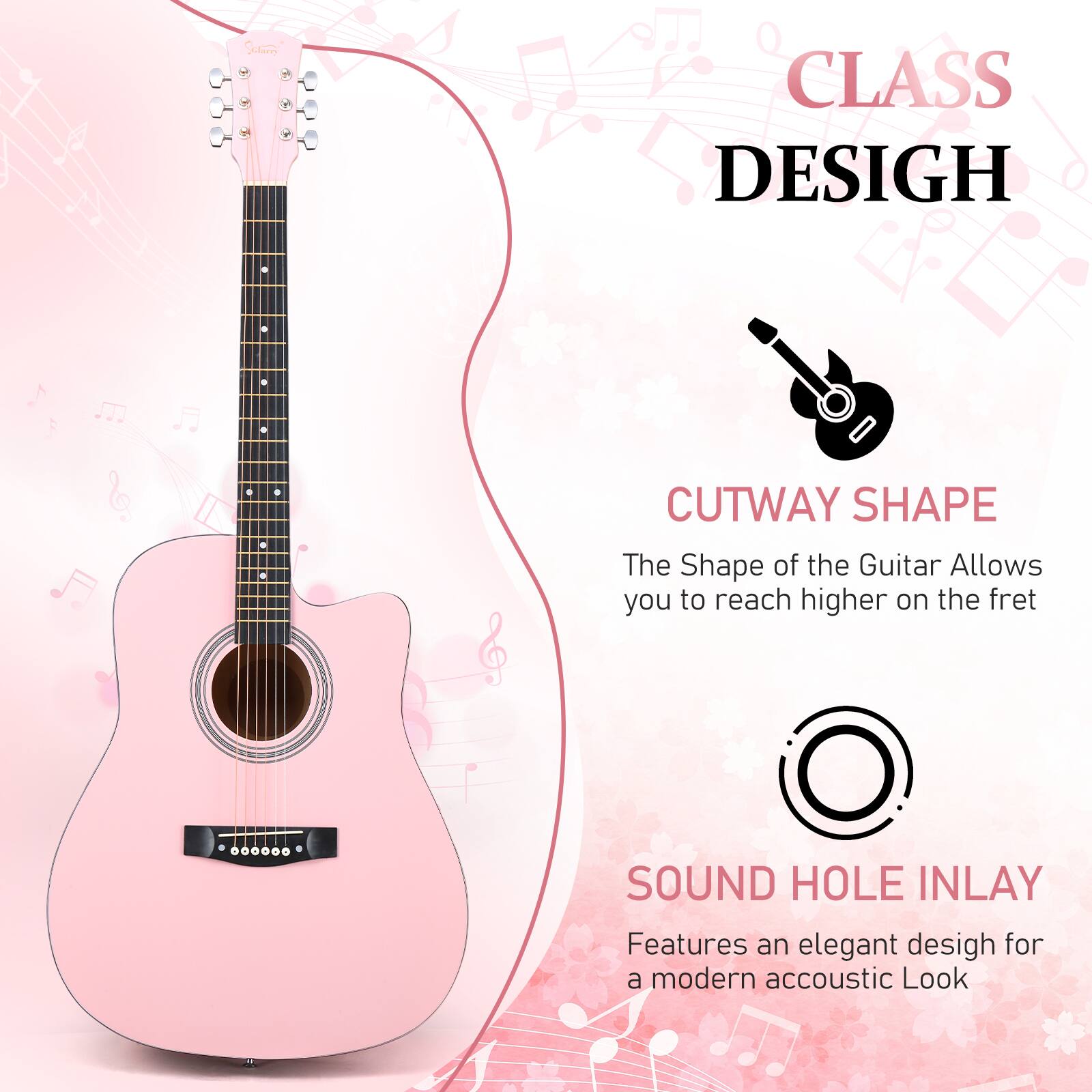 CLASS DESIGN

CUTWAY SHAPE  
The Shape of the Guitar Allows you to reach higher on the fret

SOUND HOLE INLAY  
Features an elegant design for a modern acoustic Look