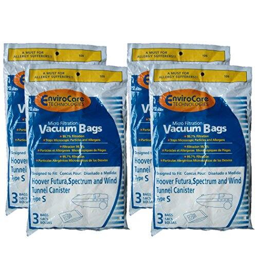 A MUST FOR ALLERGY SUFFERERS  
100% EnviroCare TECHNOLOGIES  
Micro Filtration Vacuum Bags  
99.7% Anionation Traps Microscopic Particles and Allergens  
Filtración Partículas y Alergenas Microtopicas de Plagas  
Designed to Fit: Hoover Futura, Spectrum and Wind Tunnel Canister  
Diseñado a Medida: Hoover Futura, Spectrum y Wind Tunnel Canister  
Type S BAGS 3  
BOLSA SACS BOLSA SACS BOLSA SACS
