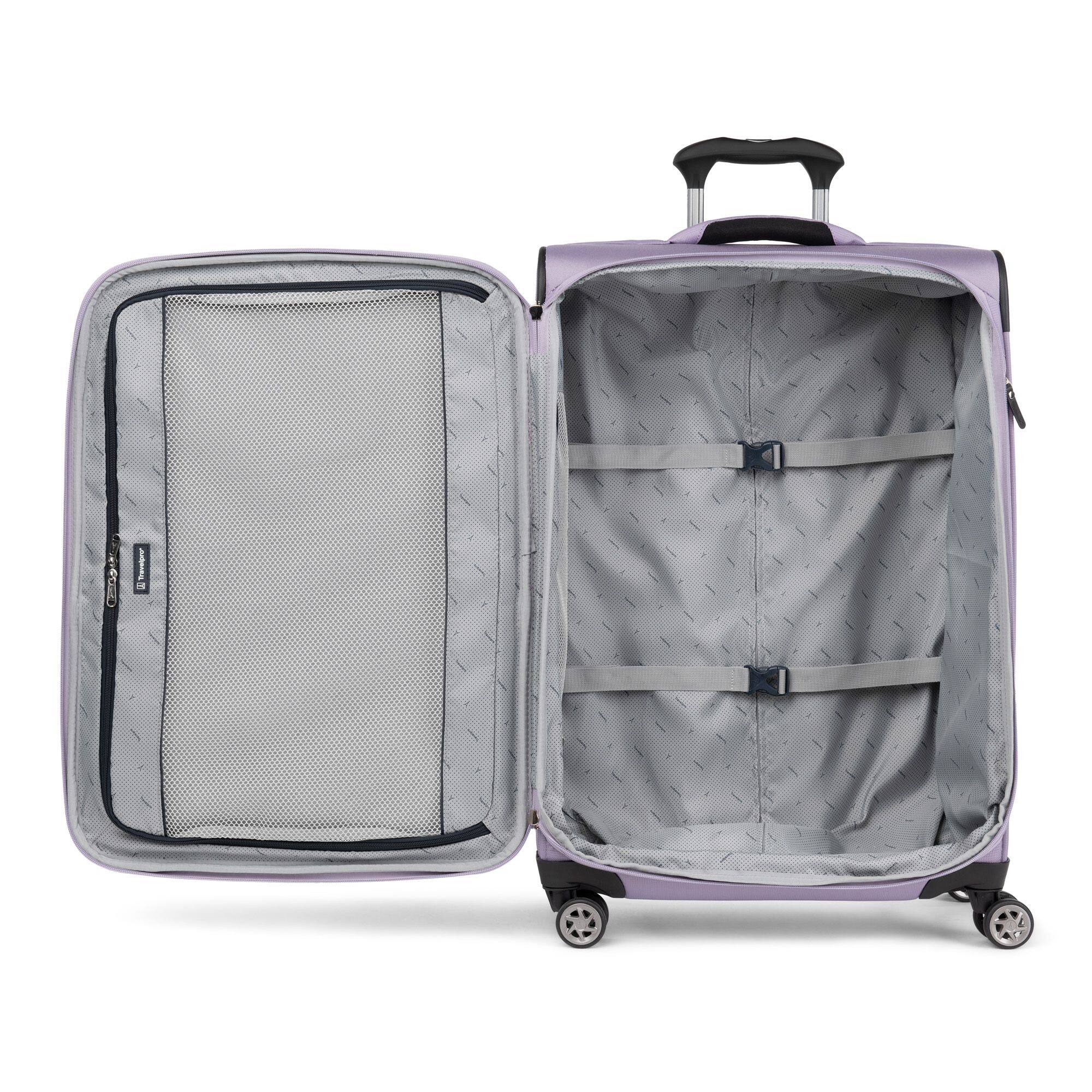 Angle. Travelpro - Walkabout 6 Softside Expandable 25" Medium Checked Spinner Luggage - Metallic Violet.
