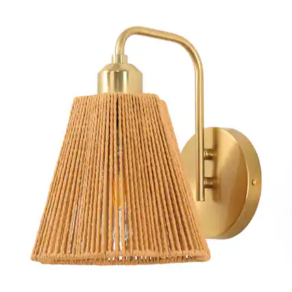 Front. Parrot Uncle - 9" Modern Gold Iron Wall Sconce Light with Paper Rope shade for Bedroom, Hallway, Living Room - Gold.