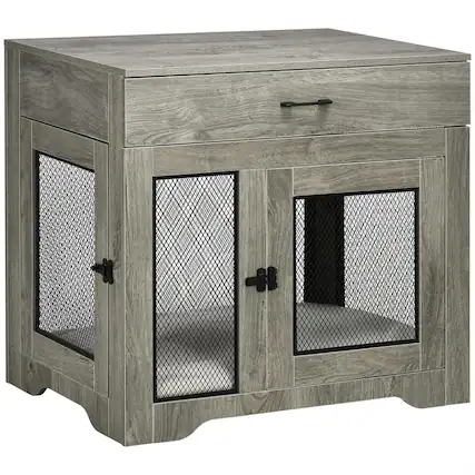 Front. Pefilos - 37" Dog Crate Furniture with Soft Water-Resistant Cushion, Drawer, Wooden Kennel Table.