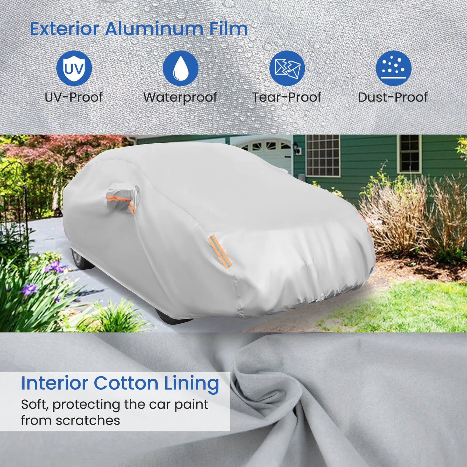Exterior Aluminum Film  
UV-Proof Waterproof Tear-Proof Dust-Proof  

Interior Cotton Lining  
Soft, protecting the car paint from scratches