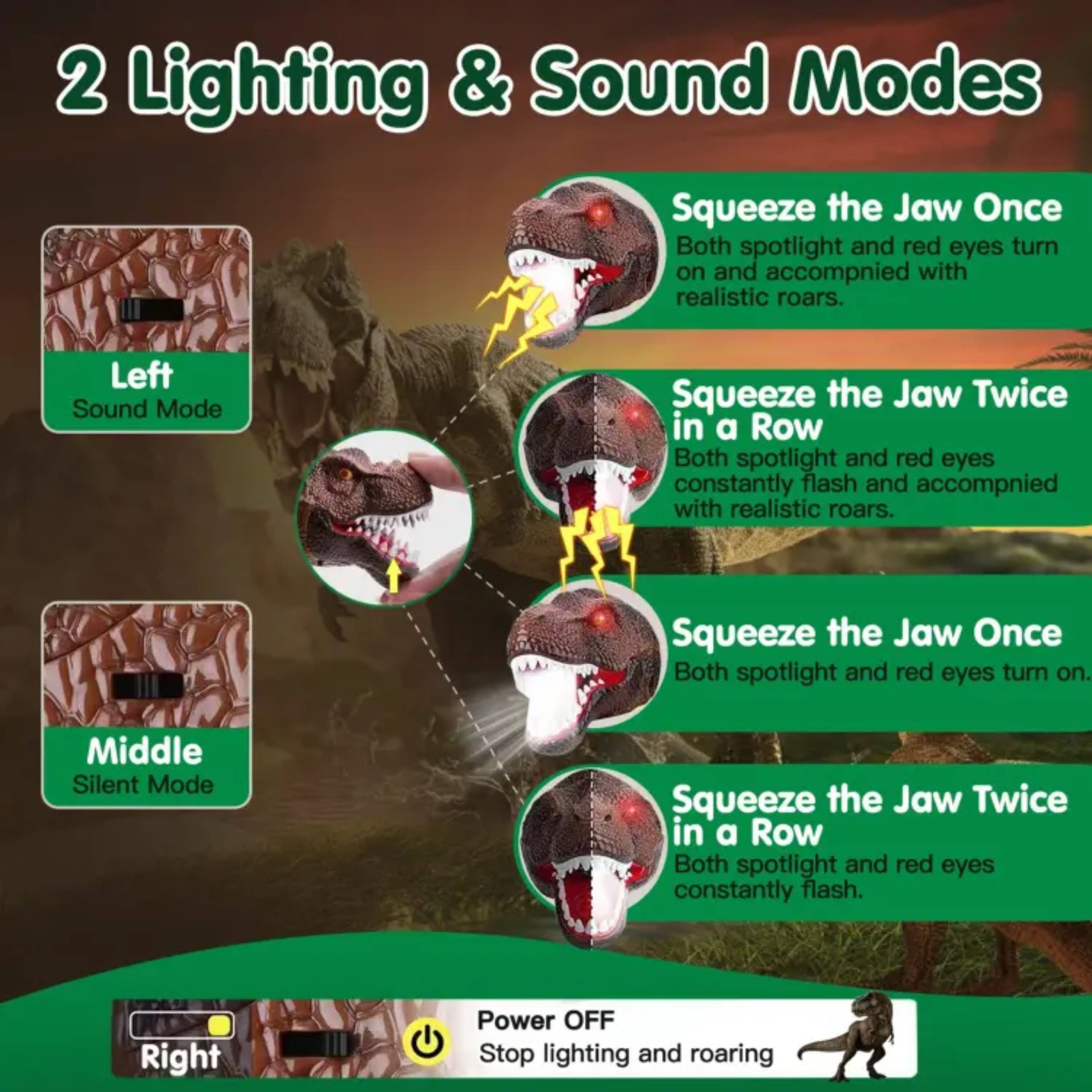 2 Lighting & Sound Modes

Left Sound Mode
- Squeeze the Jaw Once: Both spotlight and red eyes turn on and accompanied with realistic roars.
- Squeeze the Jaw Twice in a Row: Both spotlight and red eyes constantly flash and accompanied with realistic roars.

Middle Silent Mode
- Squeeze the Jaw Once: Both spotlight and red eyes turn on.
- Squeeze the Jaw Twice in a Row: Both spotlight and red eyes constantly flash.

Right Power OFF
- Stop lighting and roaring