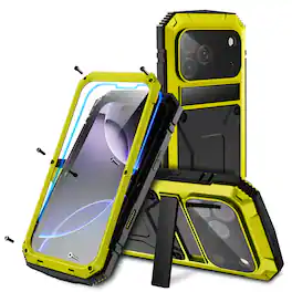 Dteck - For iPhone 17 Pro Max Case Outdoor Sports Kickstand Rugged Heavy Duty Full Body Cover with Built in Screen Protector - Yellow