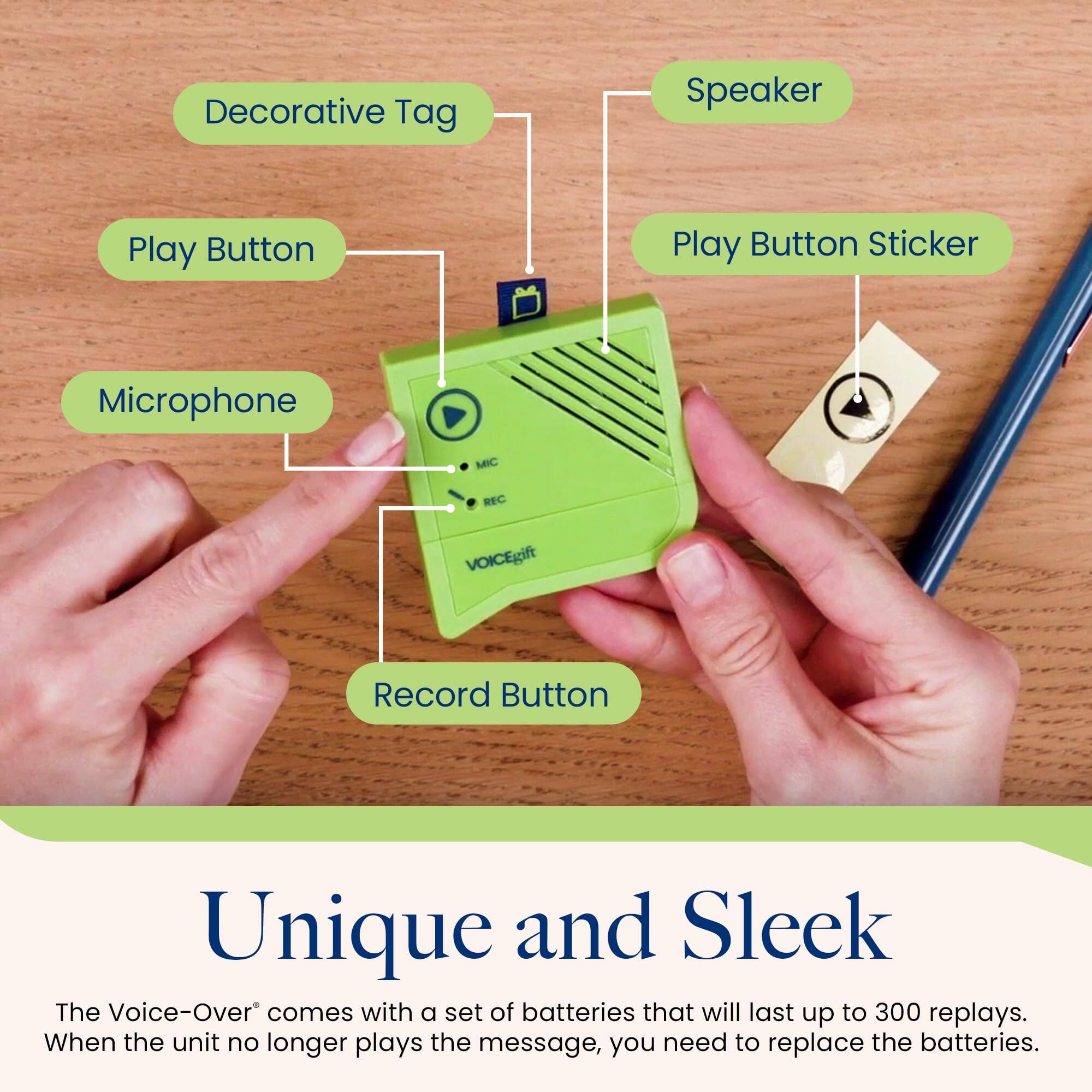Decorative Tag  
Speaker  
Play Button  
Play Button Sticker  
Microphone  
Record Button  

Unique and Sleek  

The Voice-Over® comes with a set of batteries that will last up to 300 replays. When the unit no longer plays the message, you need to replace the batteries.