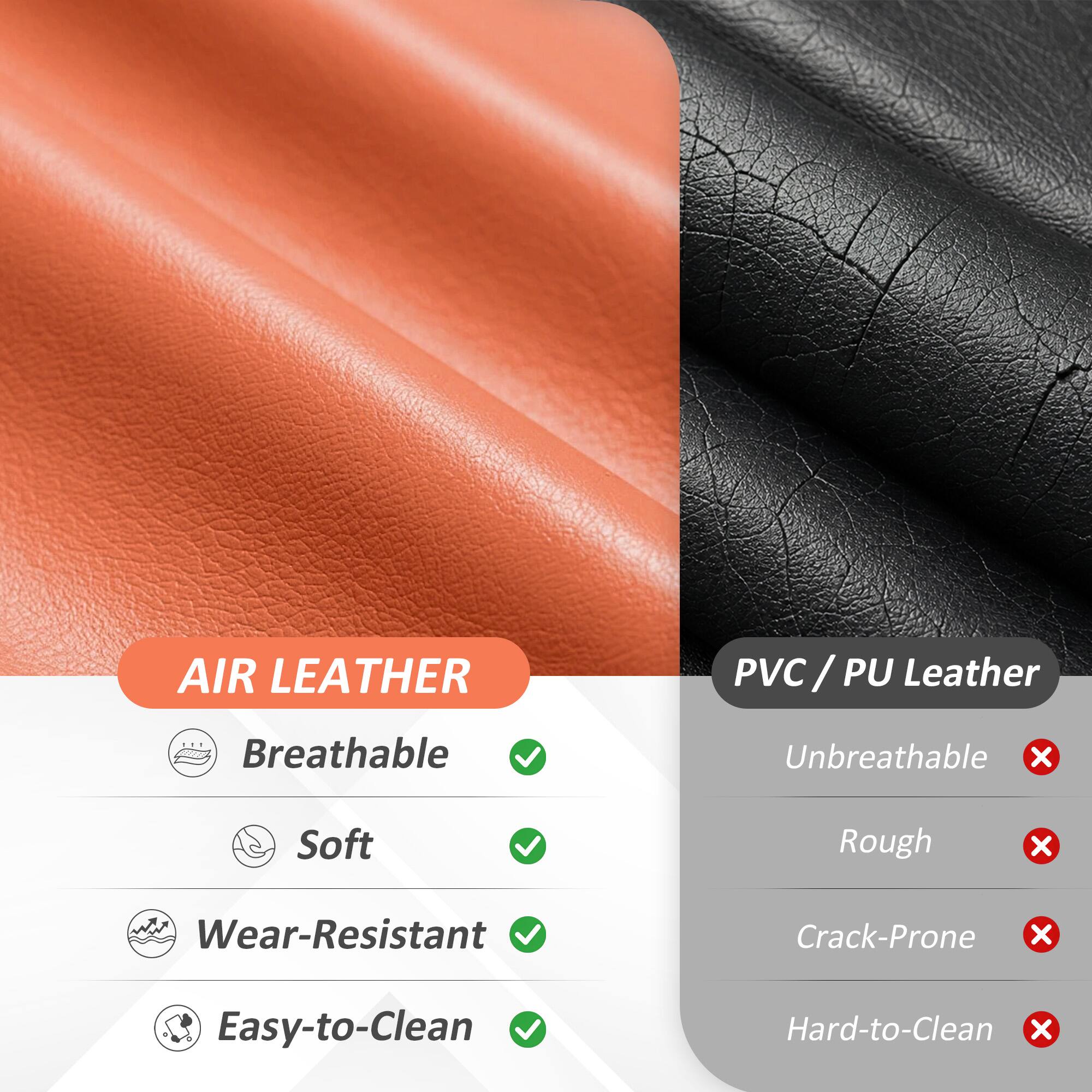 AIR LEATHER PVC / PU Leather

Breathable Unbreathable x
Soft Rough x
Wear-Resistant Crack-Prone x
Easy-to-Clean Hard-to-Clean x