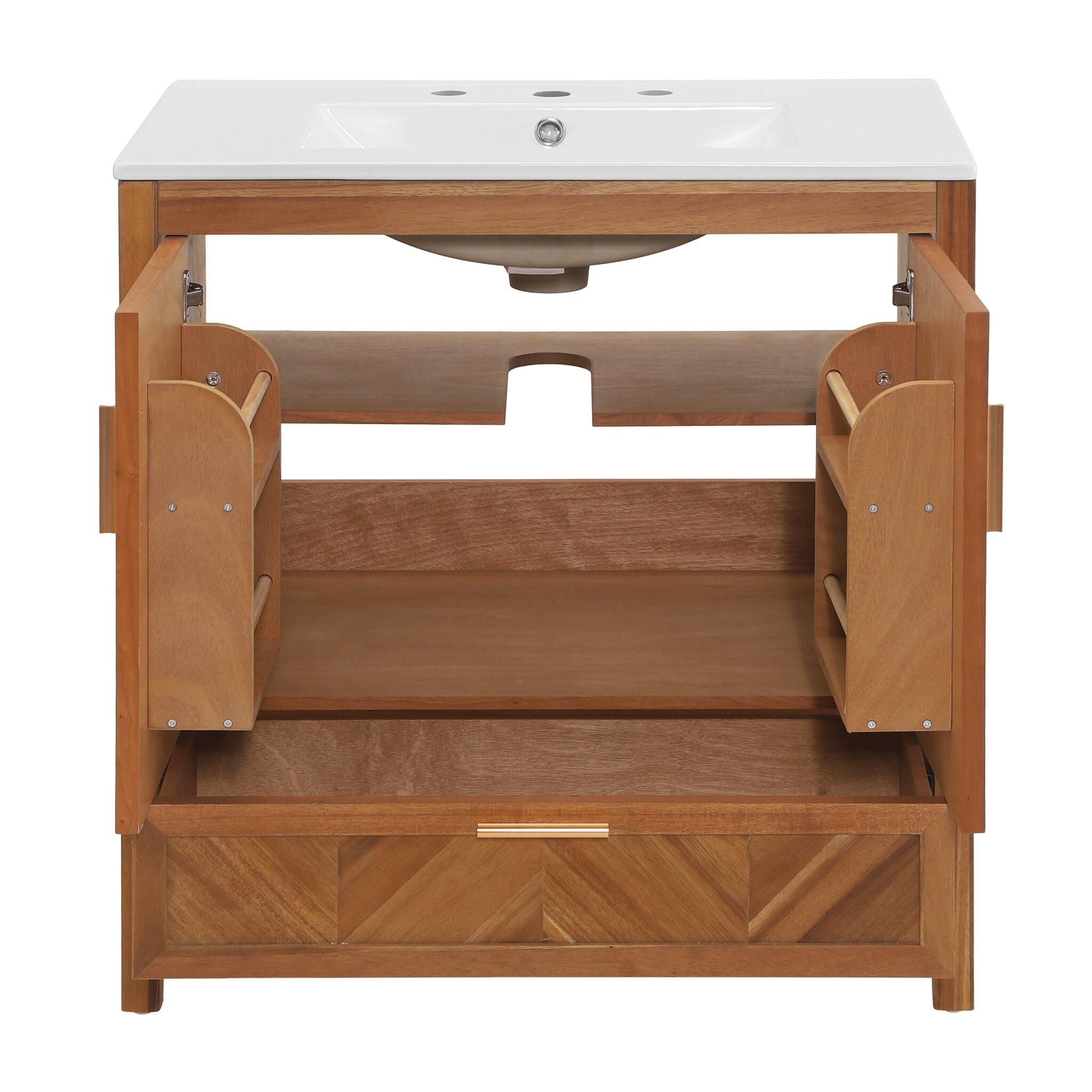 Alt View 2. JUJABU - 30 Inch Freestanding Farmhouse Bathroom Vanity with Integrated White Ceramic Sink Top and Full Extension Drawer - Natural.
