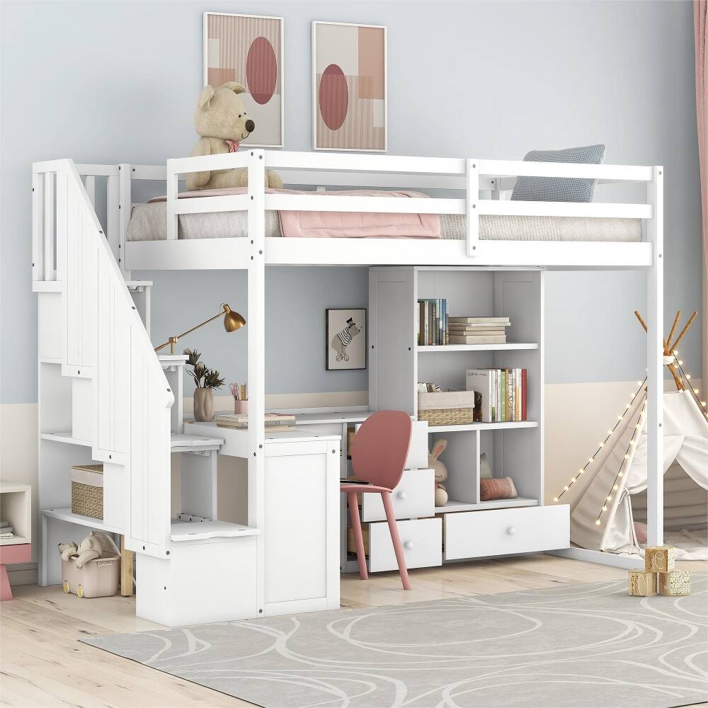 Left. Loheer - Loheer Twin Loft Bed with Desk, White Loft Bed with Storage Stairs - White.