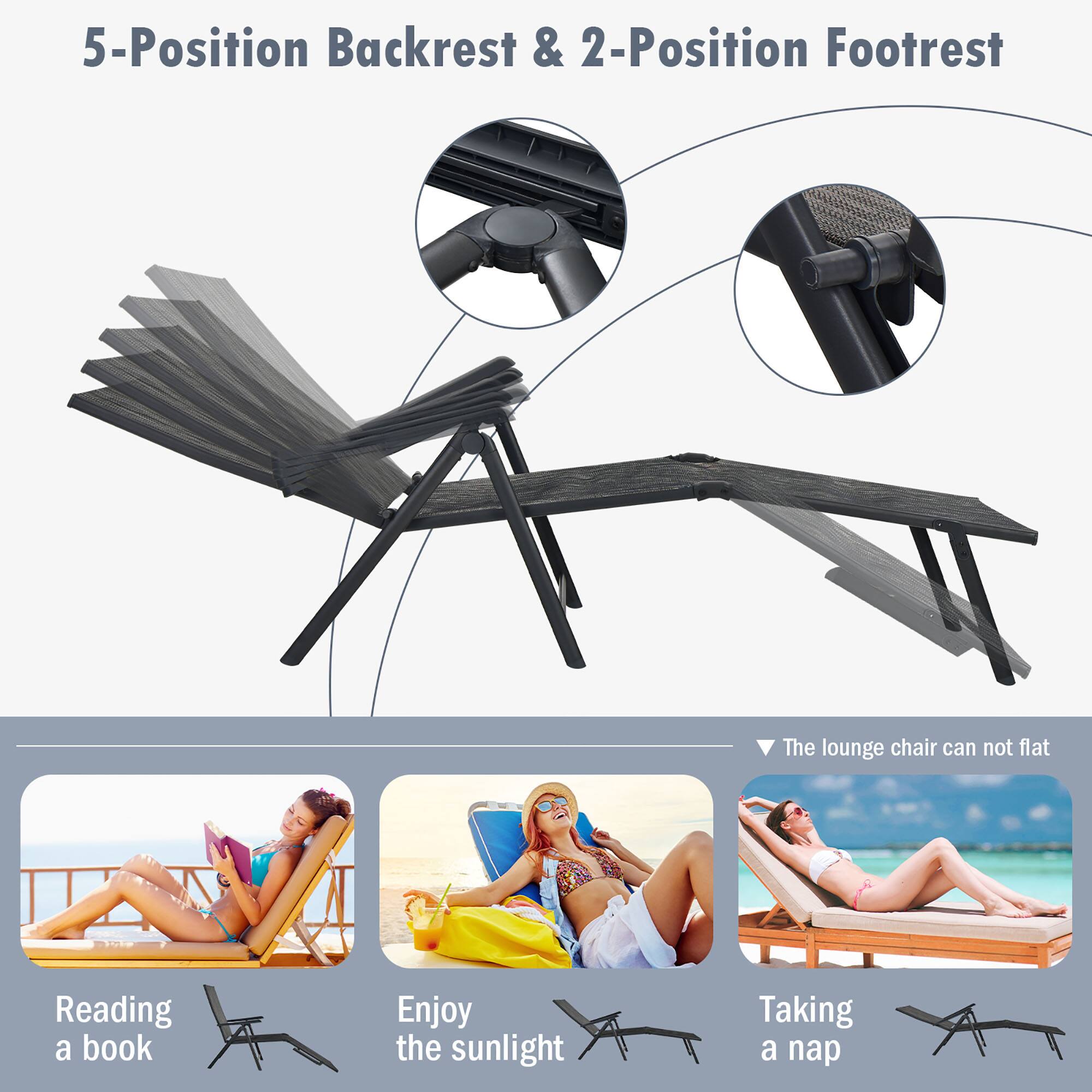 5-Position Backrest & 2-Position Footrest, The lounge chair can not flat, Reading a book, Enjoy the sunlight, Taking a nap