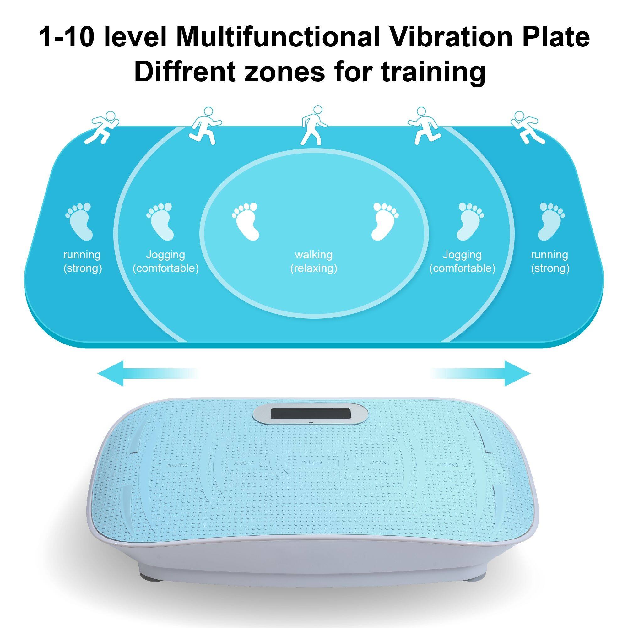 1-10 level Multifunctional Vibration Plate  
Different zones for training  
- running (strong)  
- Jogging (comfortable)  
- walking (relaxing)  
- Jogging (comfortable)  
- running (strong)