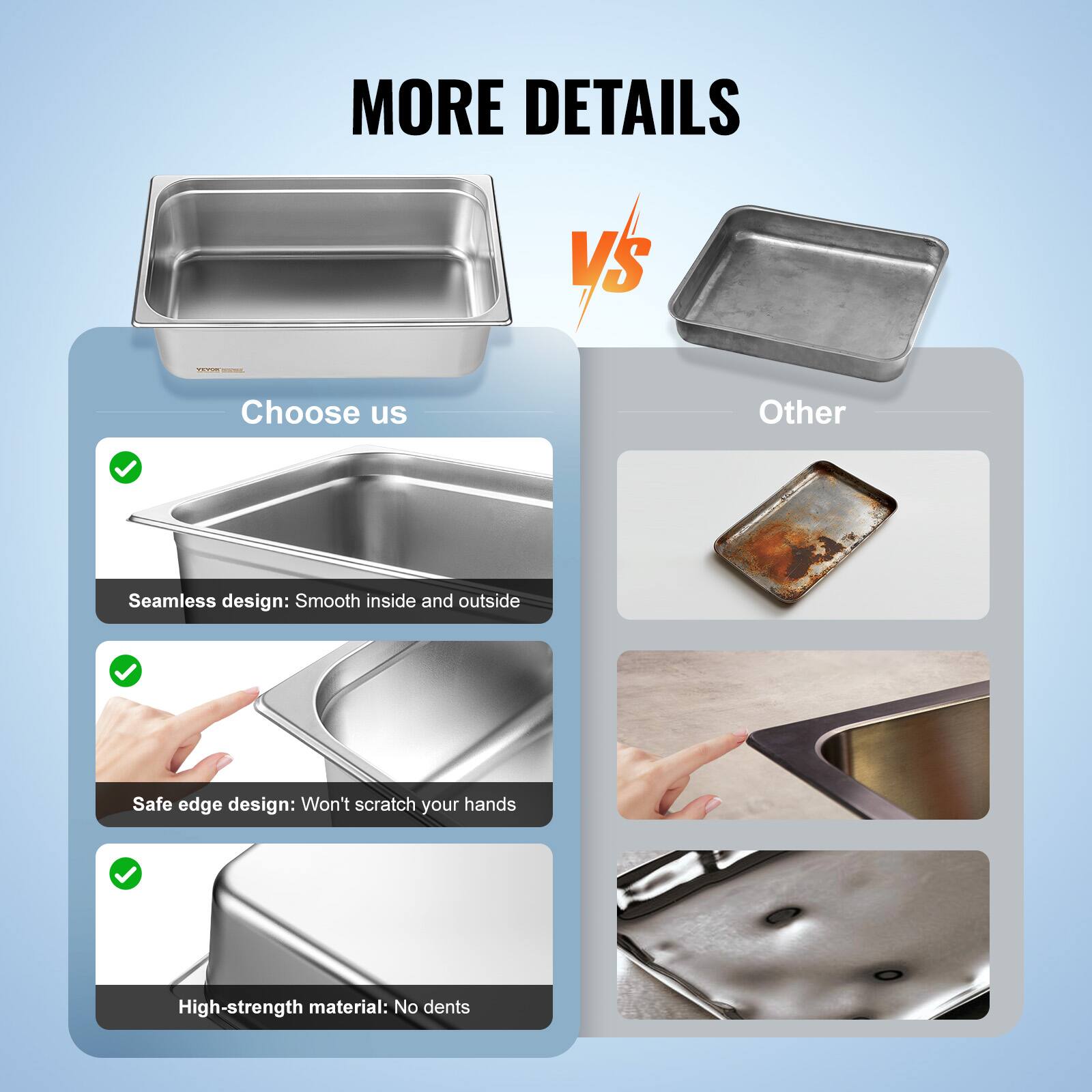 MORE DETAILS

Choose us

- Seamless design: Smooth inside and outside
- Safe edge design: Won't scratch your hands
- High-strength material: No dents

Other