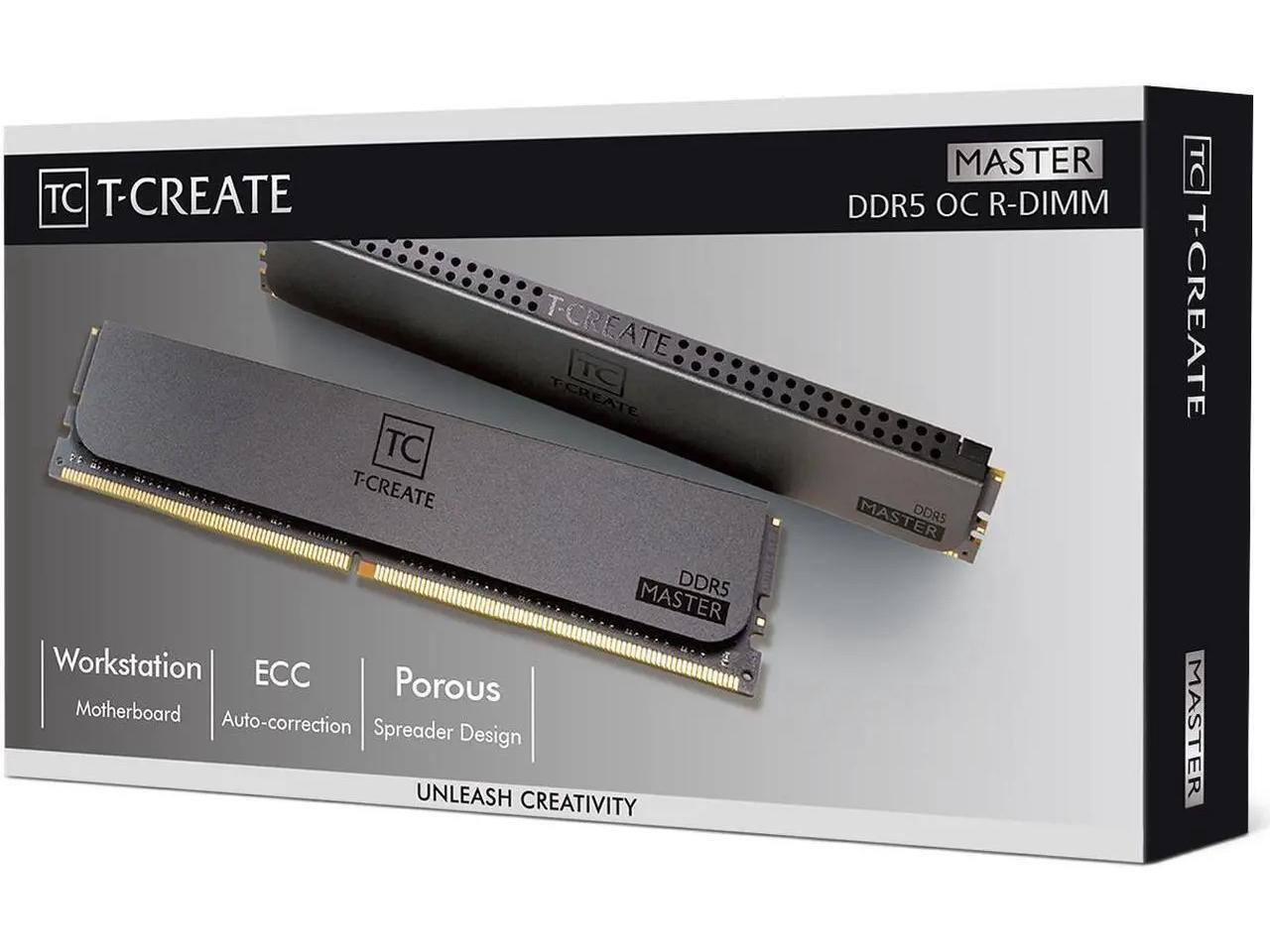 TC T-CREATE  
MASTER DDR5 OC R-DIMM  

Workstation  
Motherboard  
ECC  
Auto-correction  
Porous  
Spreader Design  

UNLEASH CREATIVITY