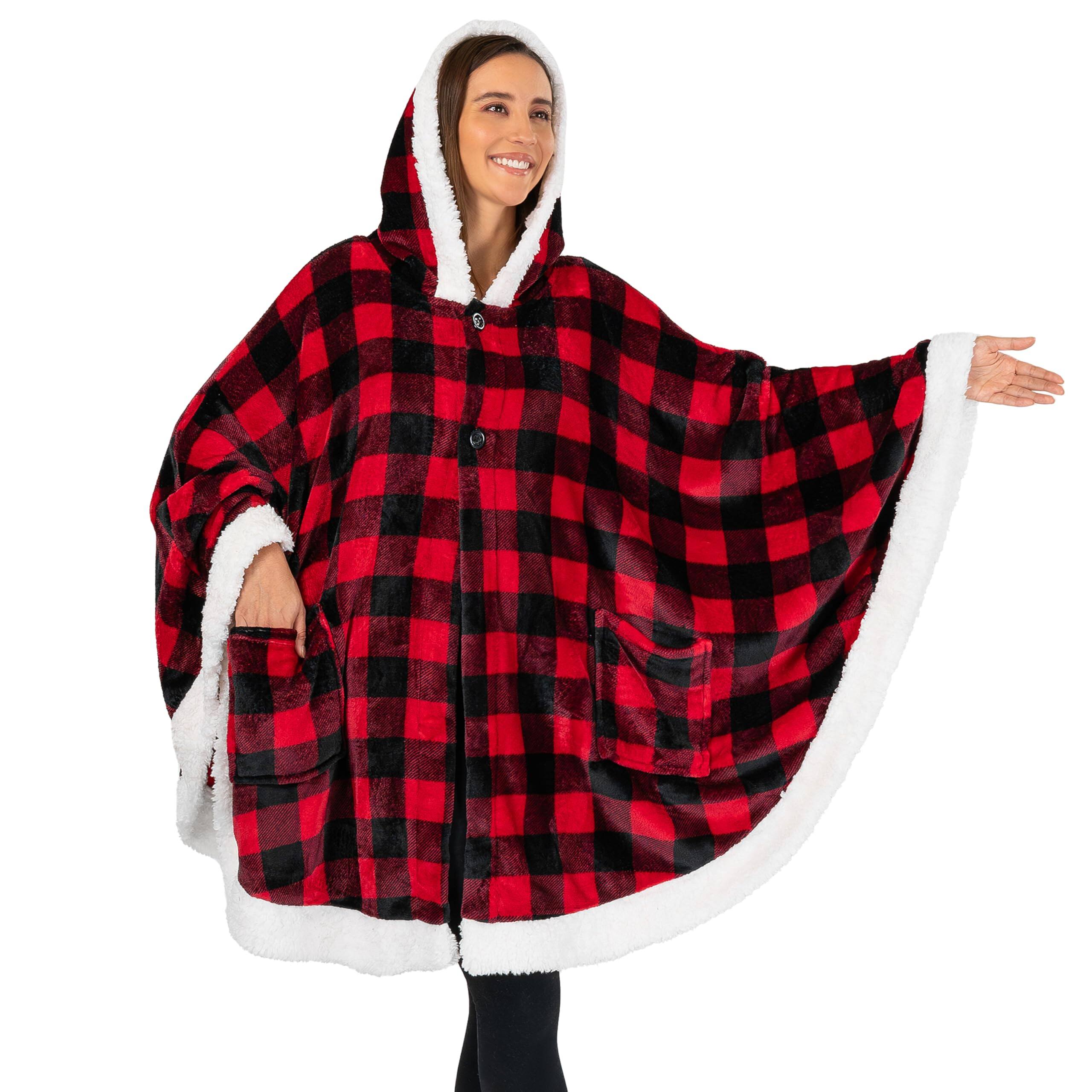 Paradigms Interiors - Sherpa Fleece Wearable Blanket For Adult Women Cozy Plush Poncho Cape With Hood Super Soft Shawl Angel Wrap - Checker Red-Fleece