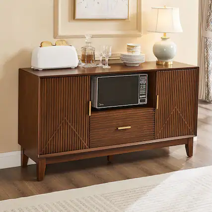 Front. Anysun - Mid-Century Entertainment Center with Drawer and Cabinets - Brown.