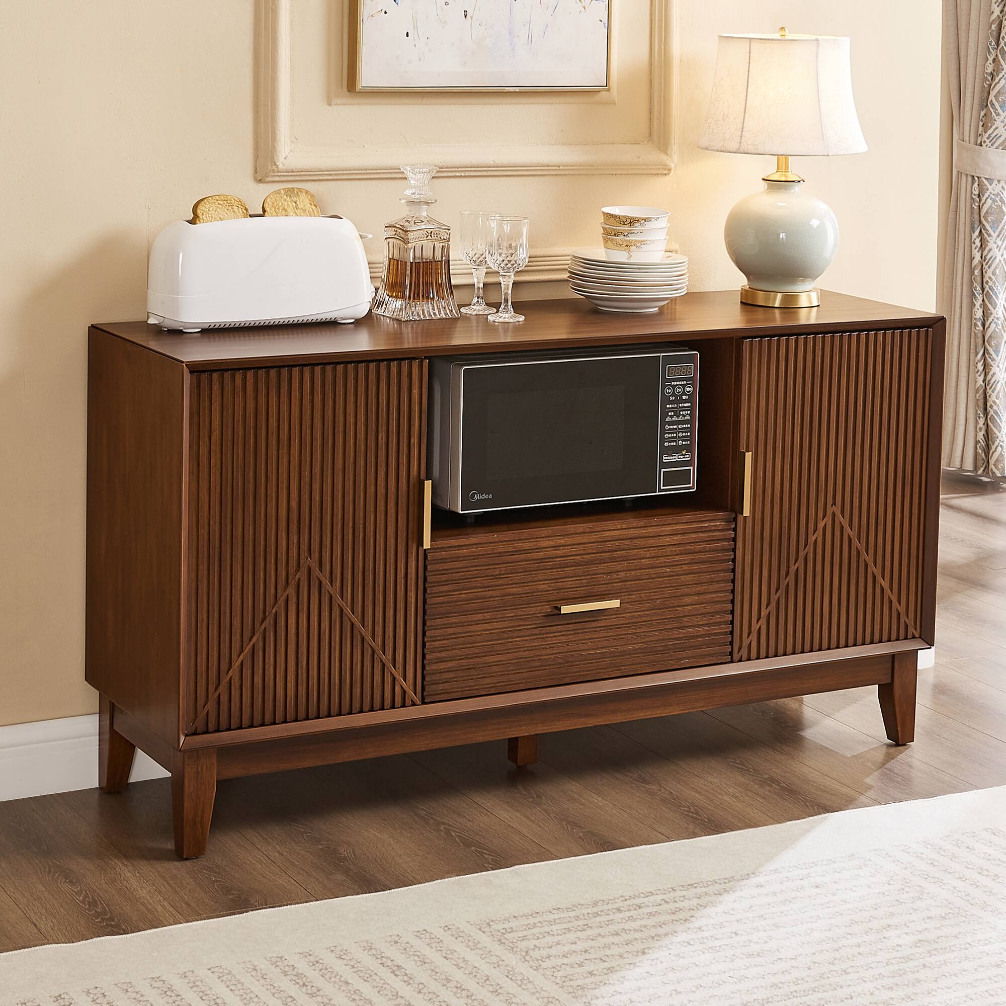 Front. Anysun - Mid-Century Entertainment Center with Drawer and Cabinets - Brown.
