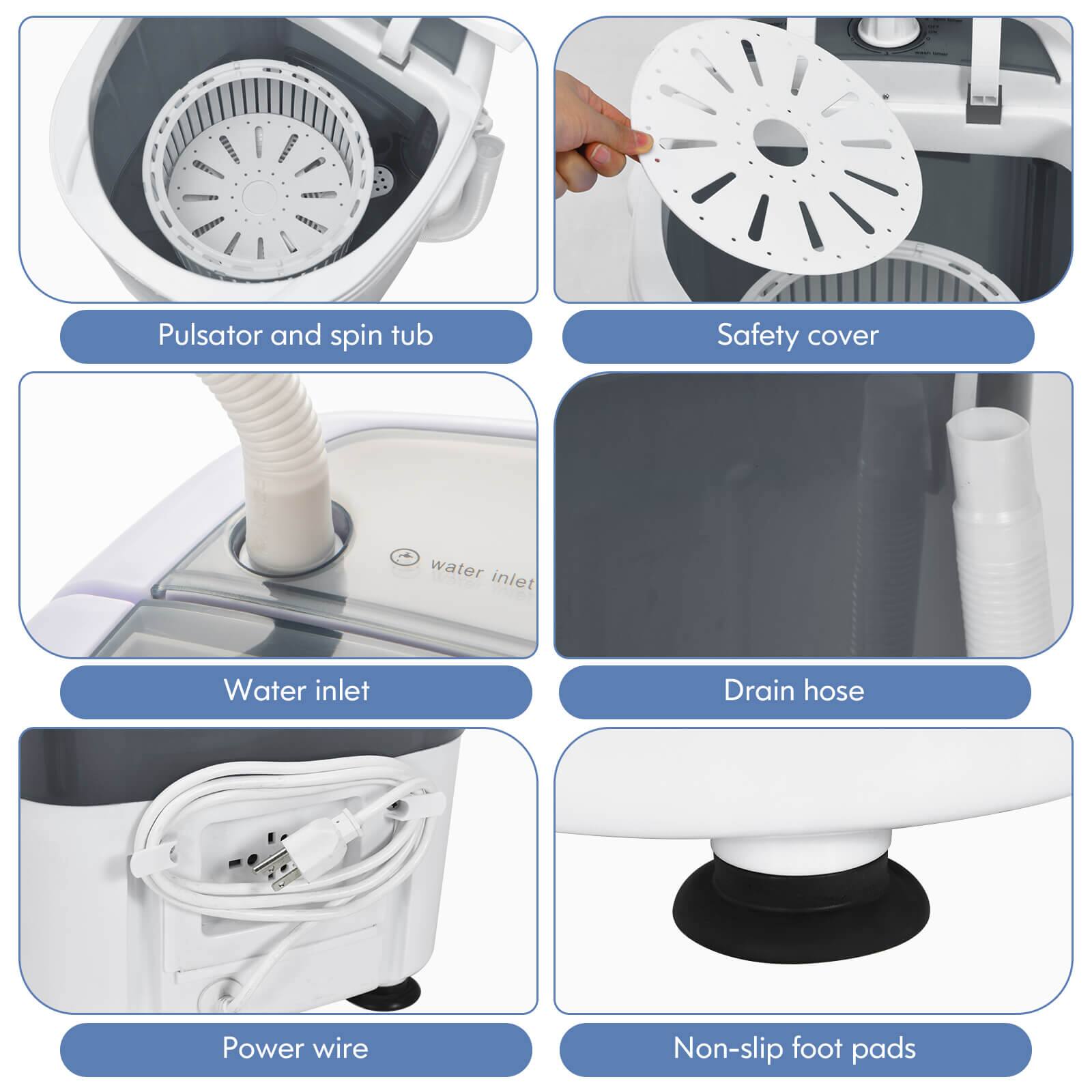 I - I - I I Pulsator and spin tub Safety cover Water inlet Drain hose Power wire Non-slip foot pads