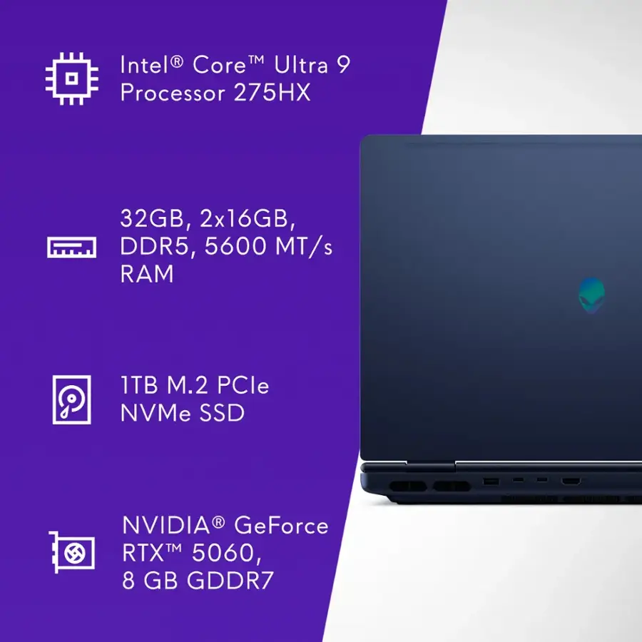 Intel Core Ultra 9 Processor 275HX 32GB, 2x16GB, DDR5, 5600 MT/s RAM 1TB M.2 PCle NVMe SSD NVIDIA RTX 5060, 8 GB GDDR7