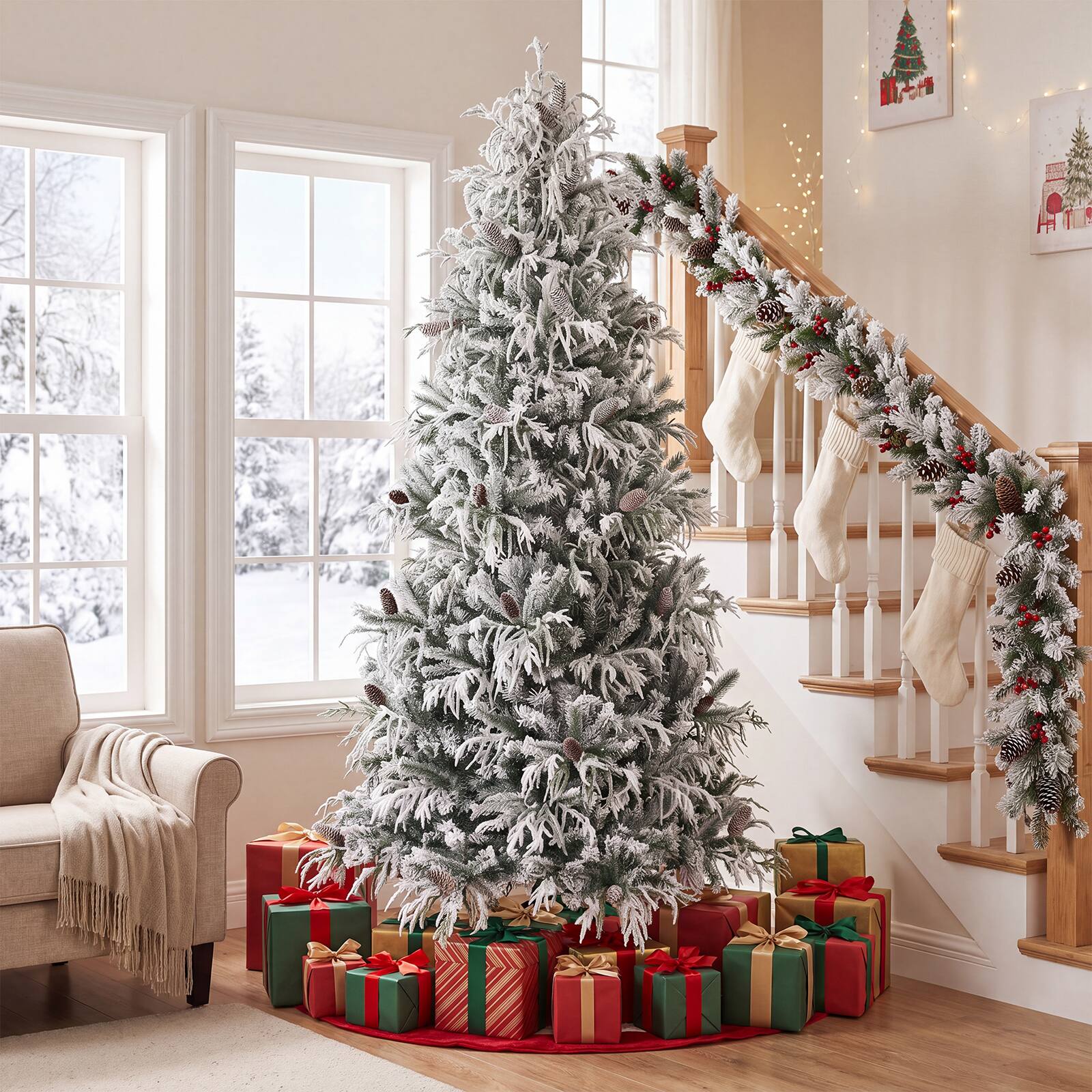 Alt View 4. Costway - Costway 8 ft Flocked Christmas Tree with 1177 Branch Tips, 43 Pine Cones, 350 LED Lights - White.