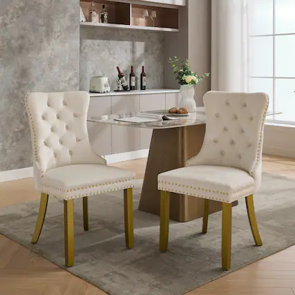 Front. GOODSILO - Modern High-End Tufted Velvet Upholstered Dining Chairs with Solid Wood Legs and Nailhead Trim, Set of 2 - Milk White.