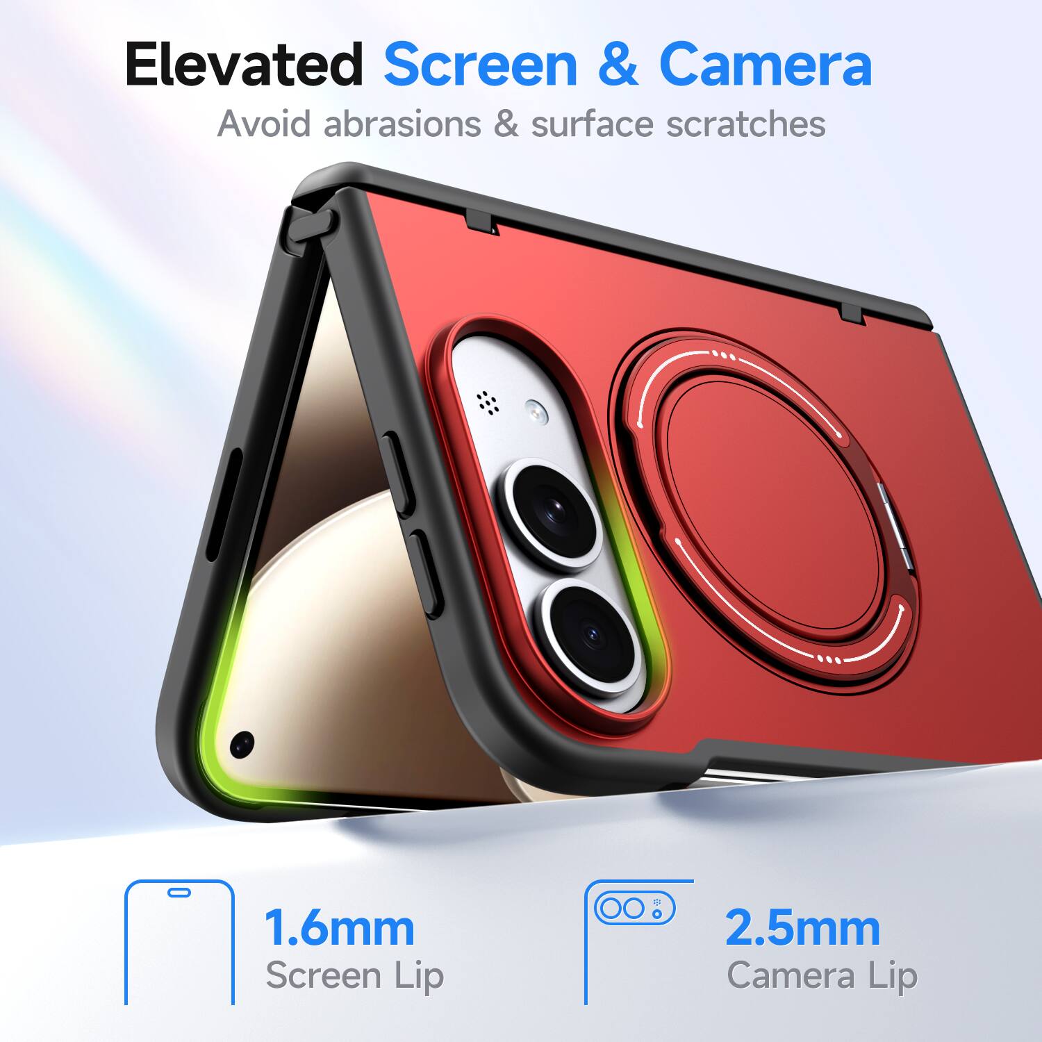 Elevated Screen & Camera  
Avoid abrasions & surface scratches  

1.6mm Screen Lip  
2.5mm Camera Lip