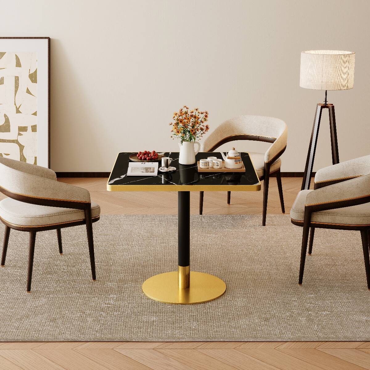Alt View 3. Loheer - Loheer 31.5 inch Square Dining Table with Sintered Stone Tabletop, Black and Gold - Black and Gold.