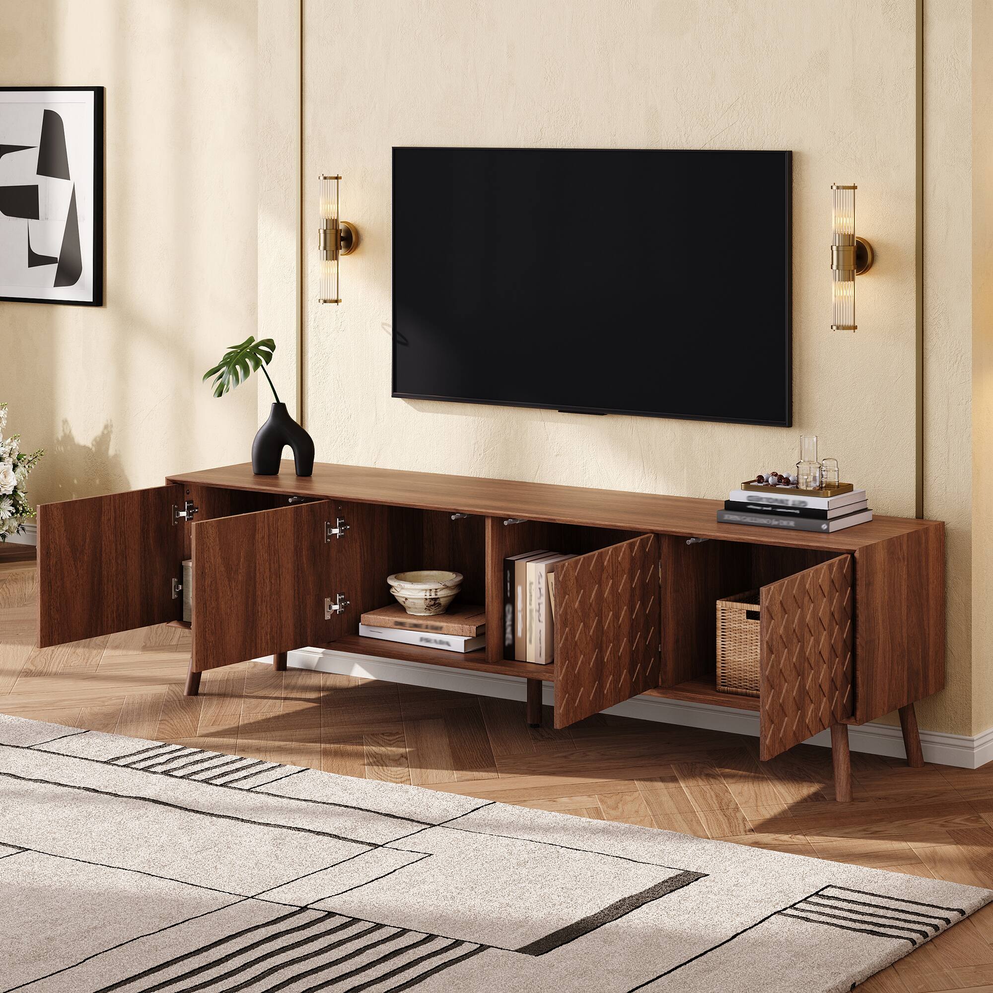 Angle. MERAVOM - Mid-Century Modern TV Stand for TVs Up to 80", 70 Inch Entertainment Center with Storage Cabinets for Living Room - Walnut.