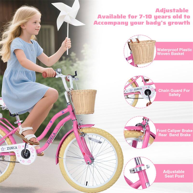 Adjustable  
Available for 7-10 years old to Accompany your baby's growth  
Waterproof Plastic Woven Basket  
Chain Guard For Safety  
Front Caliper Brake Rear Band Brake  
Adjustable Seat Post