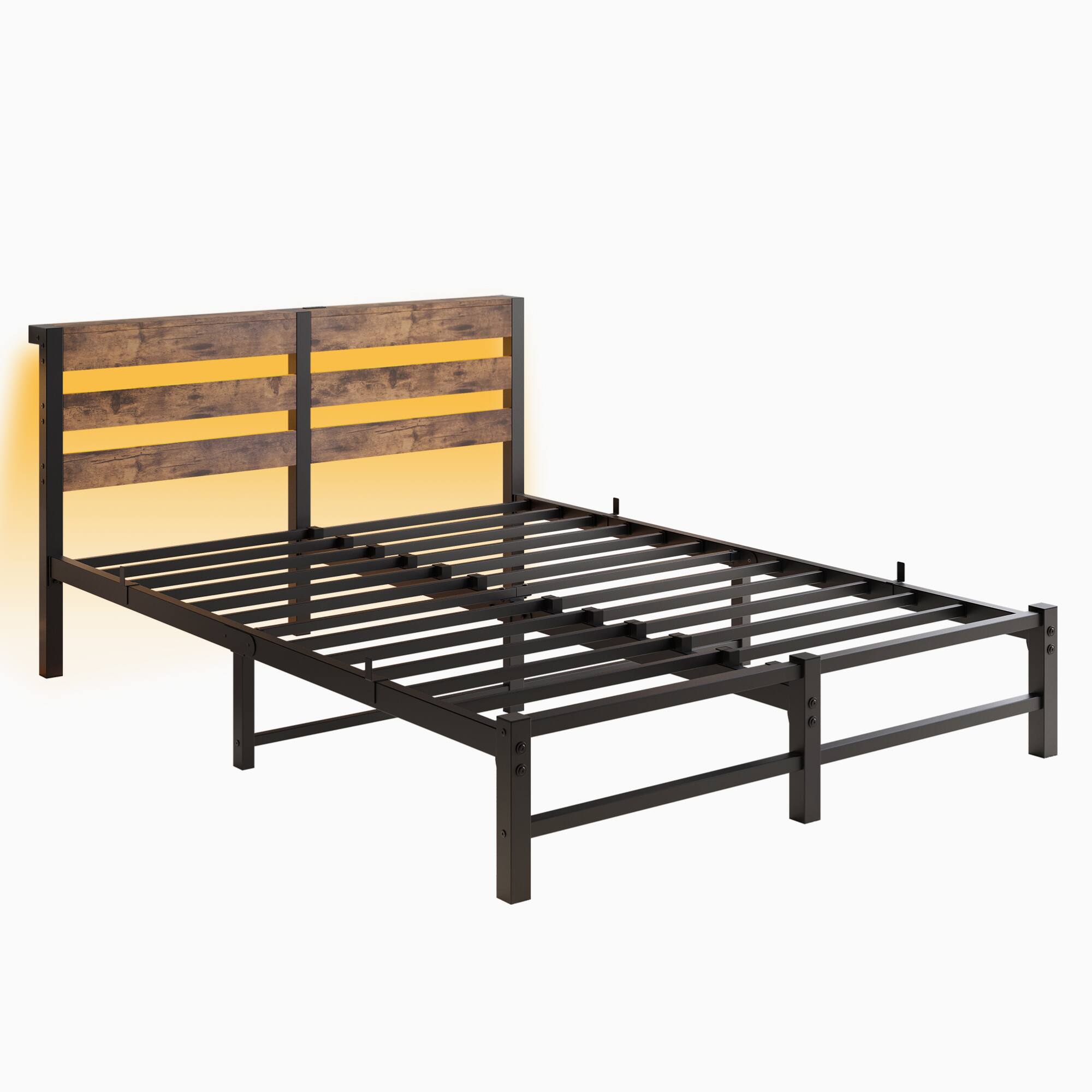 Alt View 8. GOODSILO - Queen Size Rustic Metal Bed Frame with Wooden Headboard, RGB Lighting, Charging Station, and Under-Bed Storage - Beige+Brown.