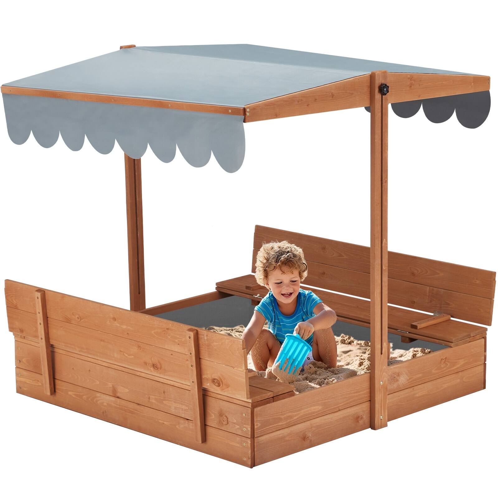 Alt View 5. U-HOMY - Kids Wooden Sandbox with Adjustable Canopy, Foldable Bench Seats, and Weather-Resistant Cover.