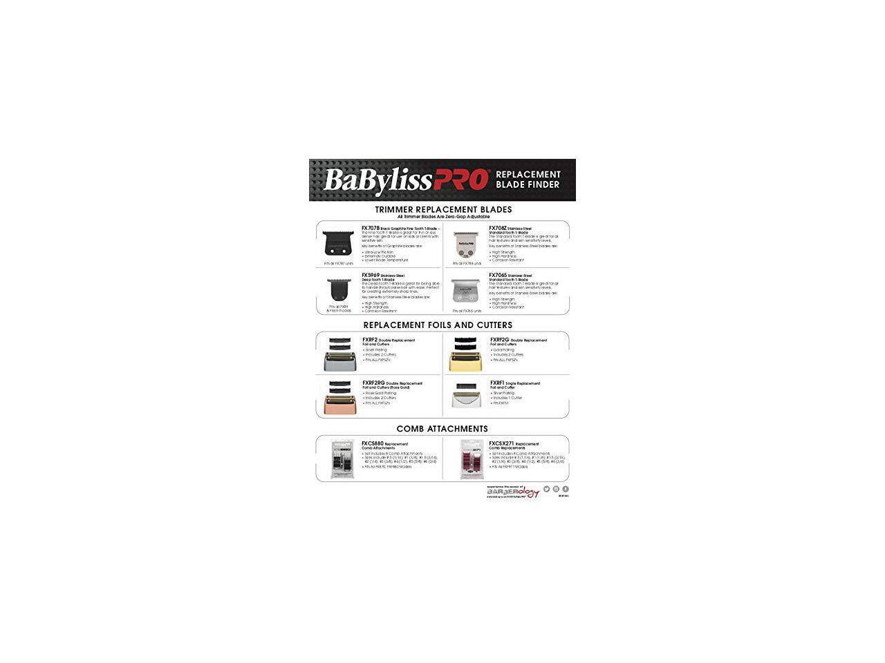 REPLACEMENT BaByliss PRO BLADE FINDER TRIMMER REPLACEMENT BLADES

- FX7078 Replacement Blade
  - 1 x FX7078 Replacement Blade
  - 1 x FX7078 Blade Finder Tool

- FX7082 Replacement Blade
  - 1 x FX7082 Replacement Blade
  - 1 x FX7082 Blade Finder Tool

- FX6964 Replacement Blade
  - 1 x FX6964 Replacement Blade
  - 1 x FX6964 Blade Finder Tool

- FX7065 Replacement Blade
  - 1 x FX7065 Replacement Blade
  - 1 x FX7065 Blade Finder Tool

REPLACEMENT FOILS AND CUTTERS

- FXF2 Double Replacement Foil and Cutter
  - 1 x FXF2 Double Replacement Foil and Cutter

- FXF2R Double Replacement Foil and Cutter
  - 1 x FXF2R Double Replacement Foil and Cutter

- FXF2G Double Replacement Foil and Cutter
  - 1 x FXF2G Double Replacement Foil and Cutter