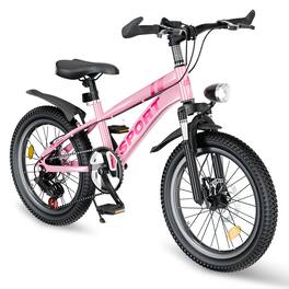 BreeBe - 20" Kids Mountain Bike for Boys & Girls 7-12, 7-Speed, Dual Disc Brakes, Front Shock, LED Light, Silver - Pink