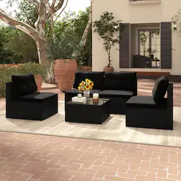 Costway - 5 Piece Outdoor Furniture Set with Seat & Back Cushions Tempered Glass Tabletop - Black