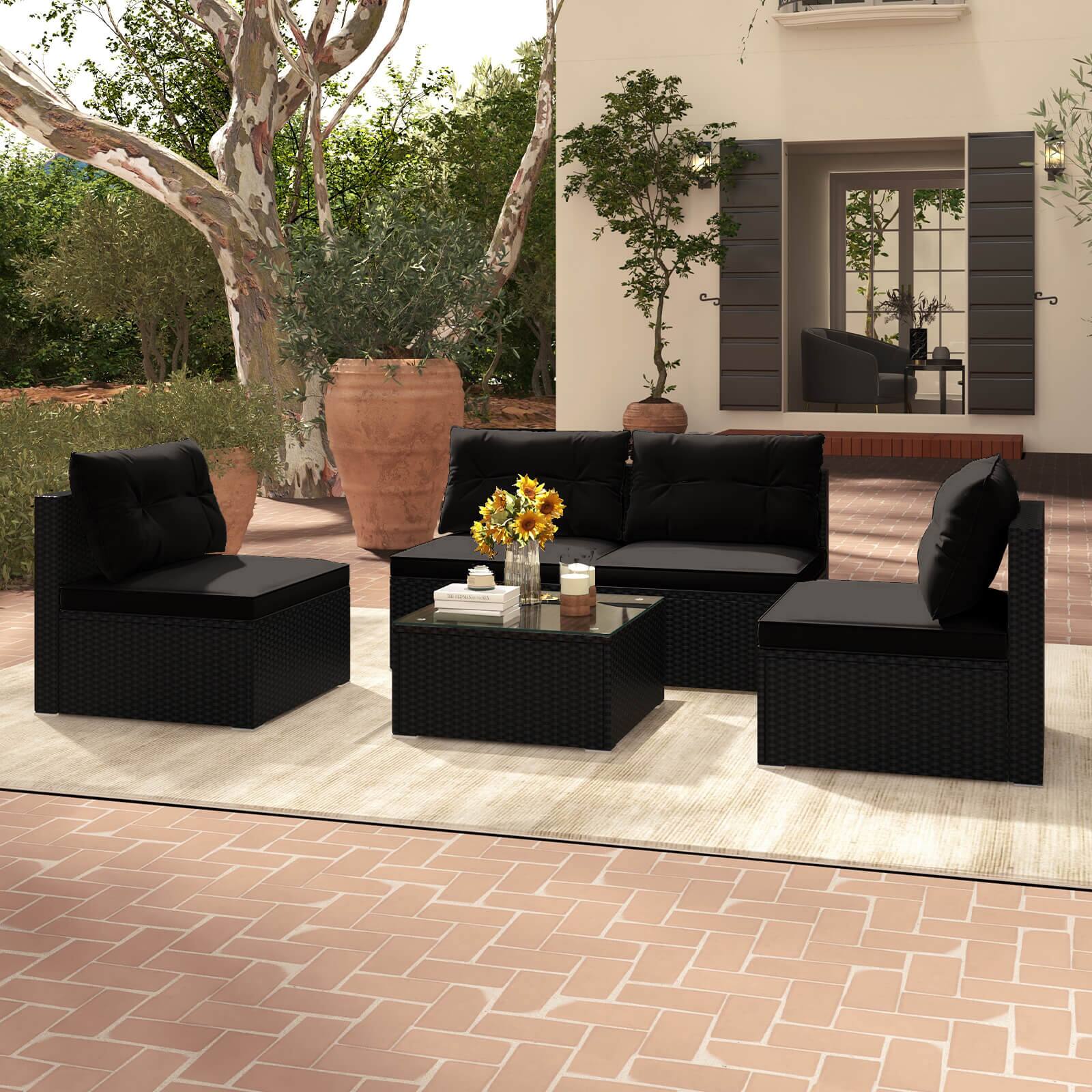 Front. Costway - Costway 5 Piece Outdoor Furniture Set with Seat & Back Cushions Tempered Glass Tabletop - Black.