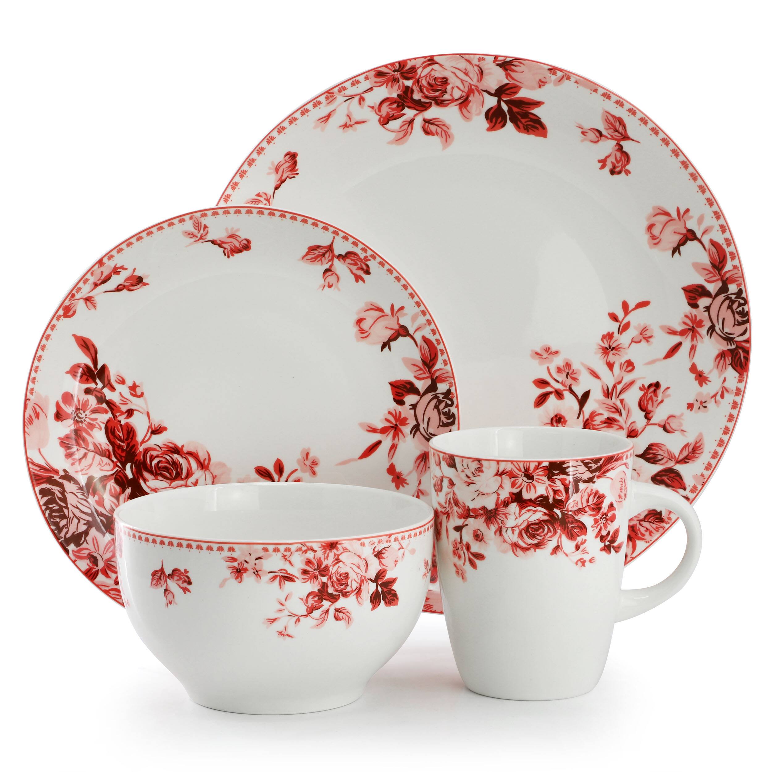 Alt View 1. Elama - Elama Traditional Red Rose 16 Piece Stoneware Dinnerware Set - White and Red.