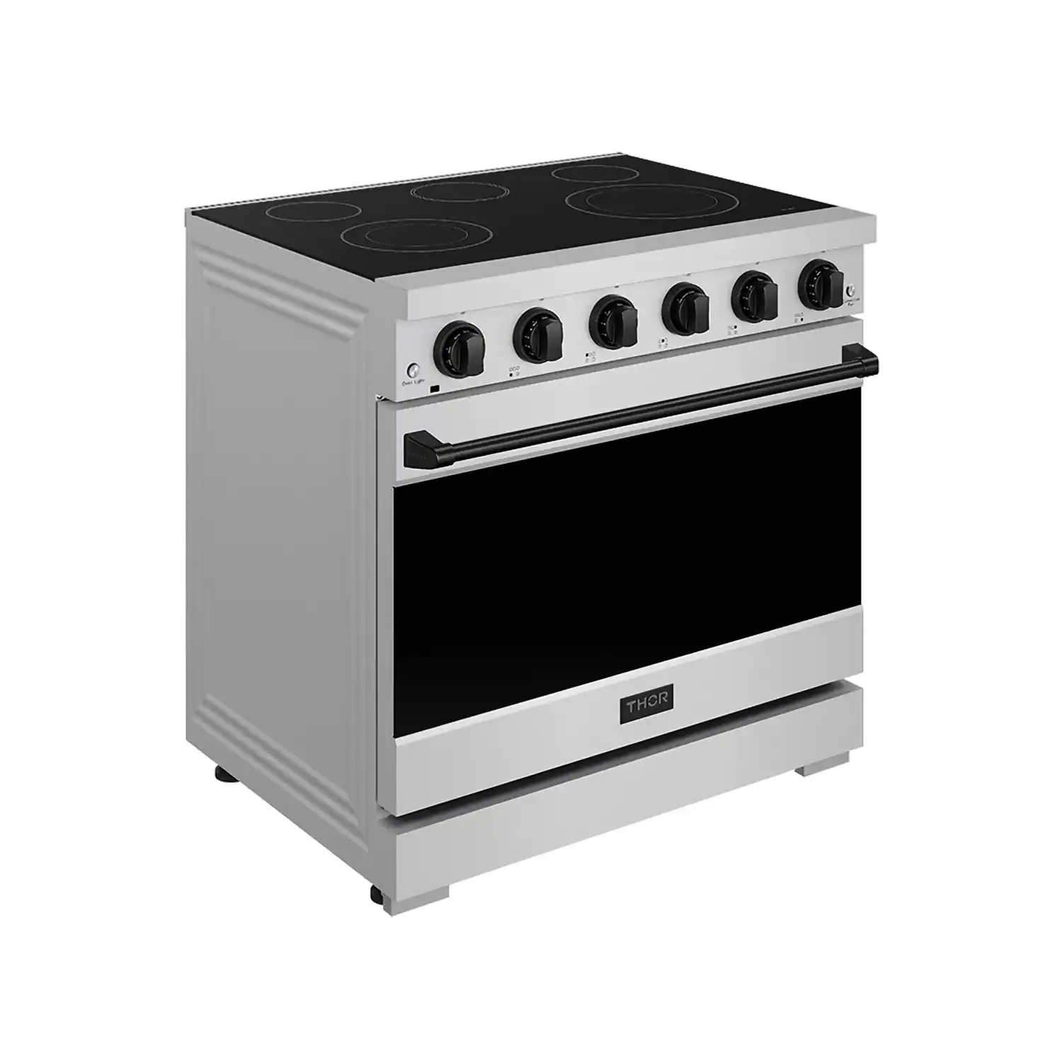 Left. Thor Kitchen - Gordon Ramsay Series by Thor Kitchen 6.0 Cu. Ft Freestanding Electric Range with Black Hardware - Stainless Steel.