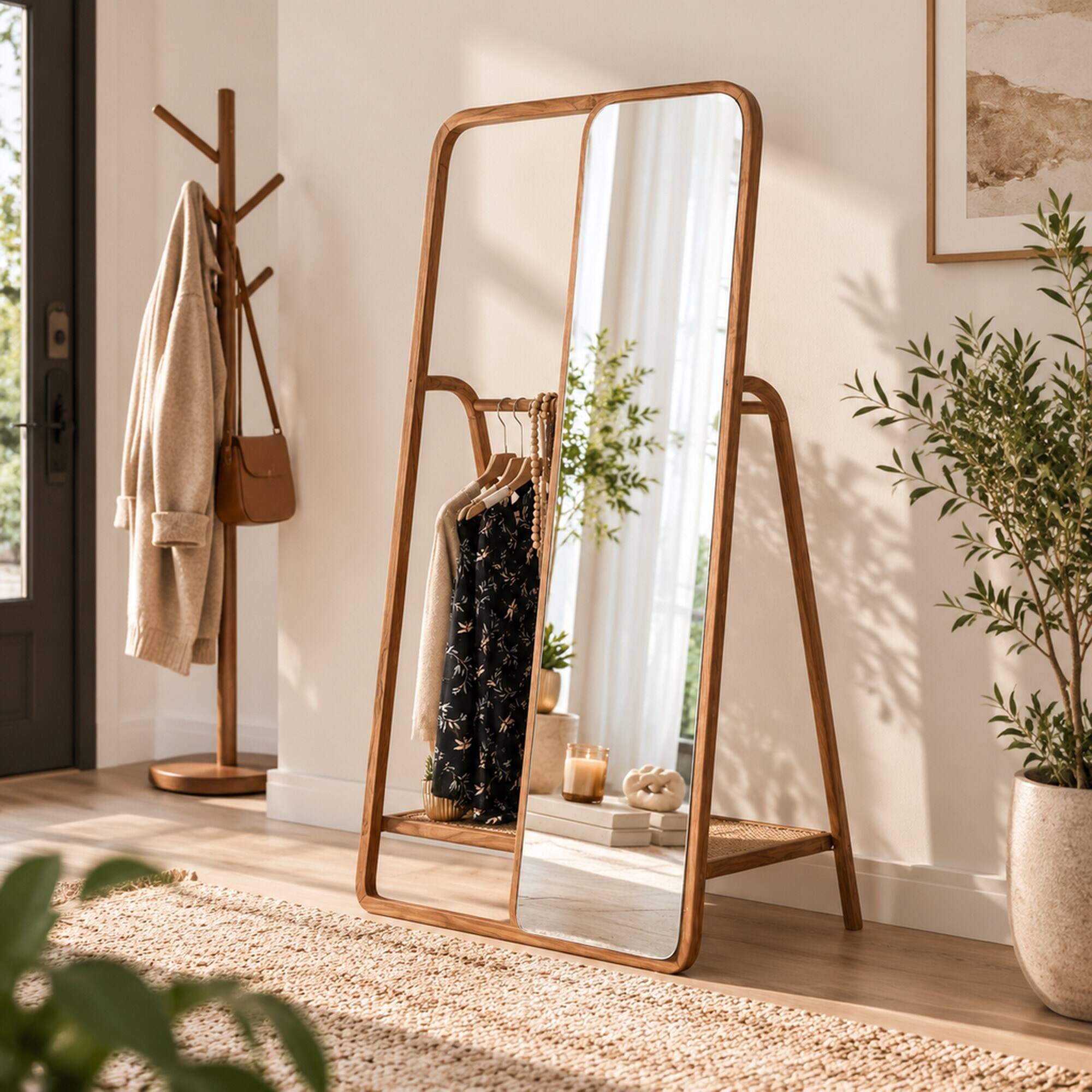 RYHNUYNE Rattan Valet Mirror, 38 x 23 x 71.5 in, Teak Frame, Clothes ...