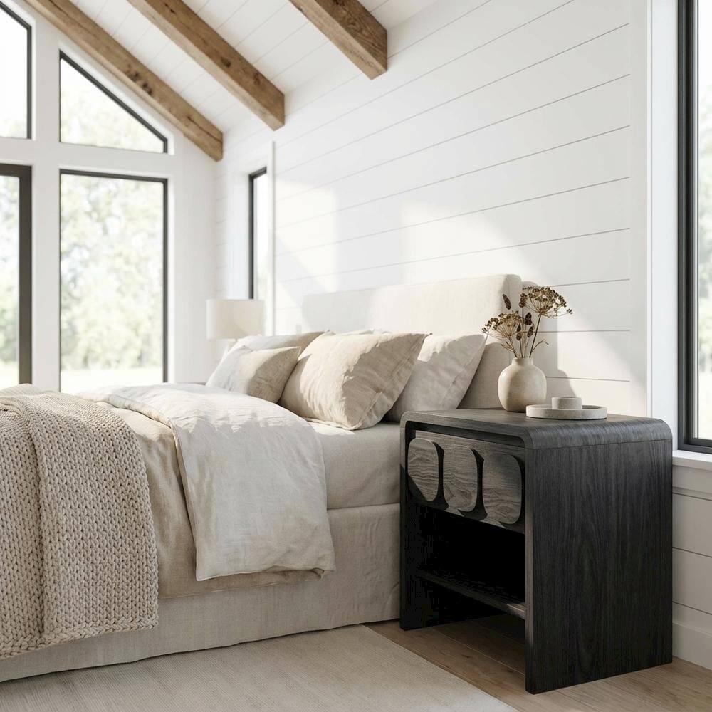 Left. FurniFact - Wooden Nightstand with Single Drawer and Modern Design - Black.