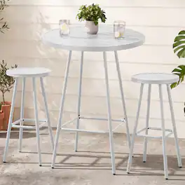 Best Choice Products - 3-Piece Steel Patio Bar Height Round Bistro Set w/ Backless Stools, Slatted Design - White