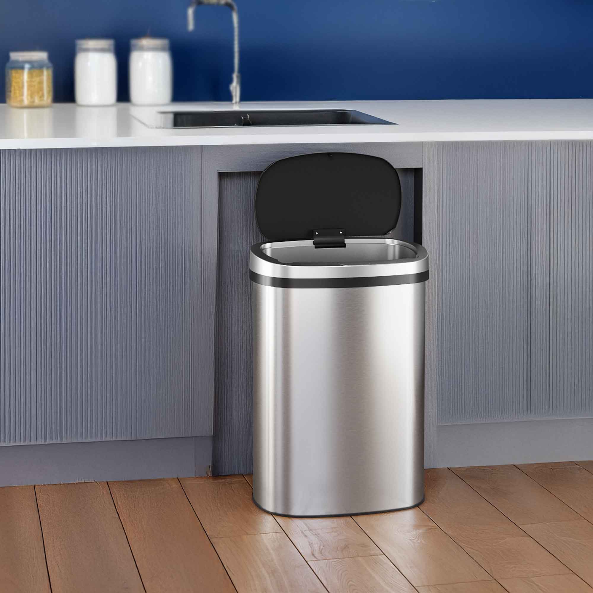 Left. iTouchless - 13 Gallon Stainless Steel Press Lid Kitchen Trash Can with AbsorbX Odor Filter - Silver.