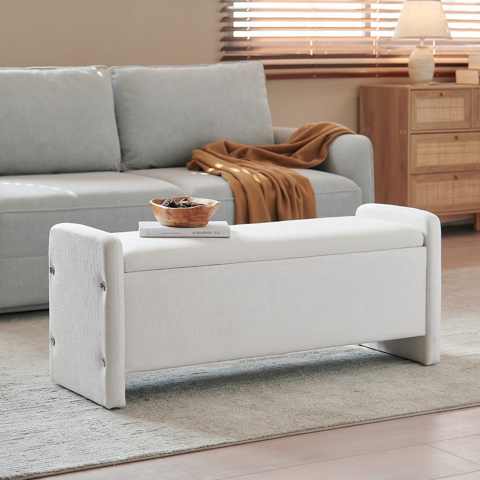 Back. Pinmoco - Rectangular Corduroy Upholstered Ottoman Bench with Storage - White.