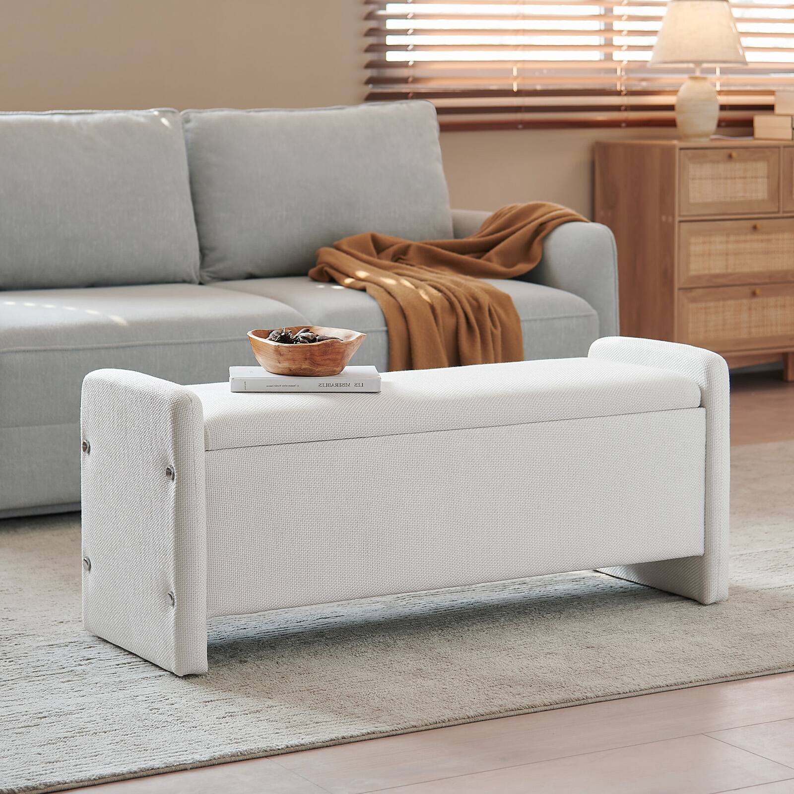 Back. Pinmoco - Rectangular Corduroy Upholstered Ottoman Bench with Storage - White.