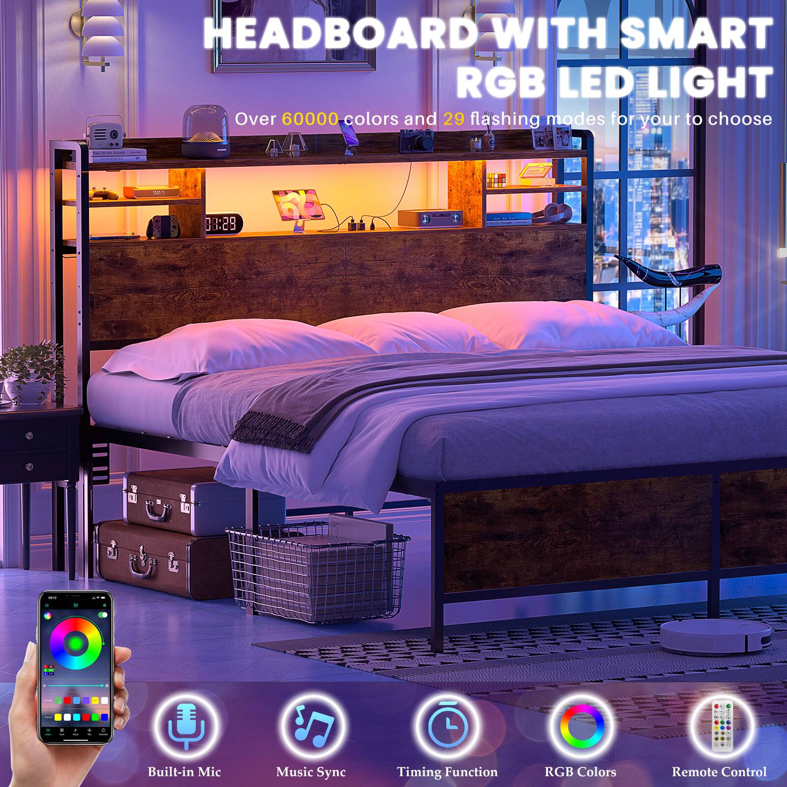 HEADBOARD WITH SMART RGB LED LIGHT  
Over 60000 colors and 29 flashing modes for your to choose  

- Built-in Mic  
- Music Sync  
- Timing Function  
- RGB Colors  
- Remote Control