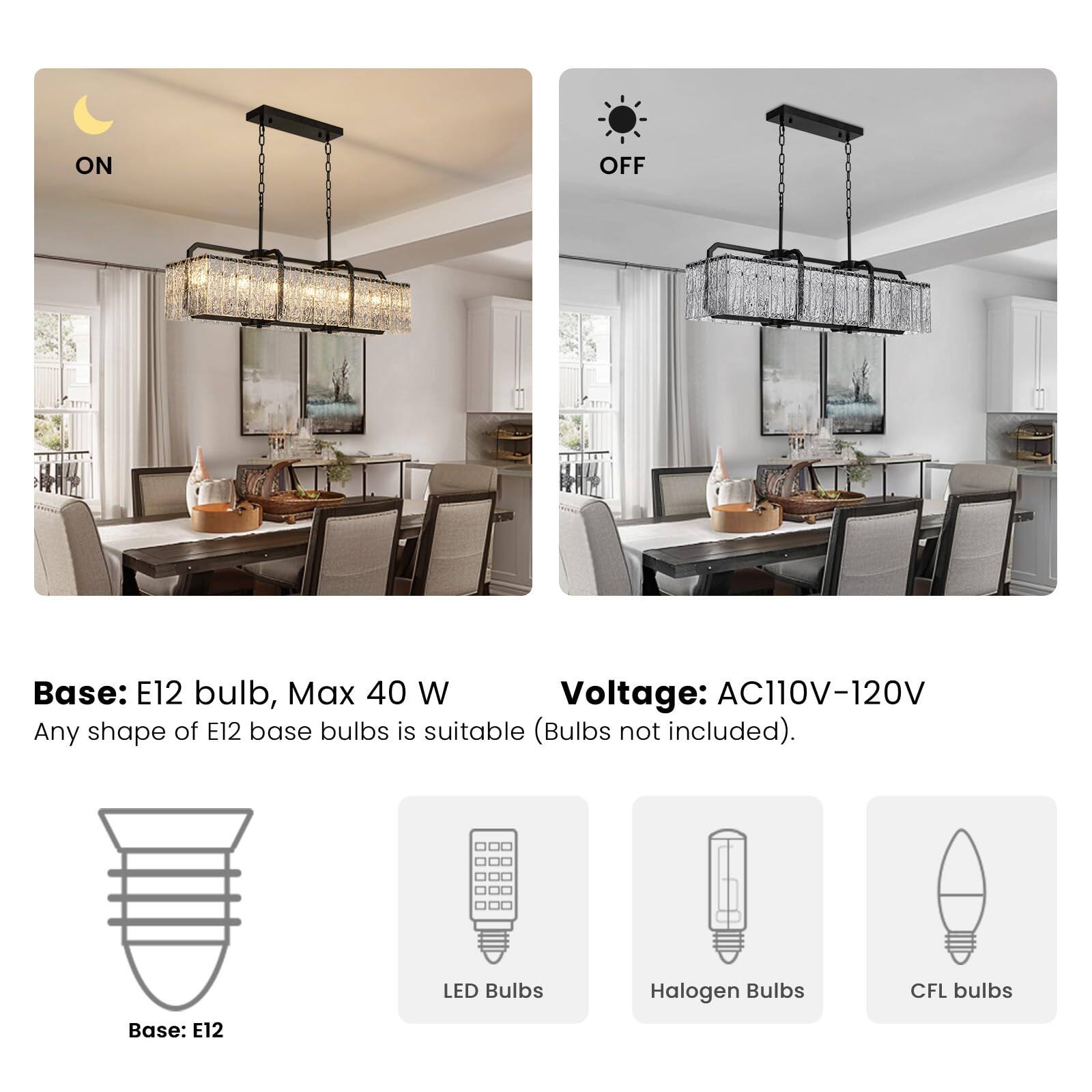 ON OFF

Base: E12 bulb, Max 40 W
Any shape of E12 base bulbs is suitable (Bulbs not included).

Voltage: AC110V-120V

Base: E12 LED Bulbs
Halogen Bulbs
CFL bulbs