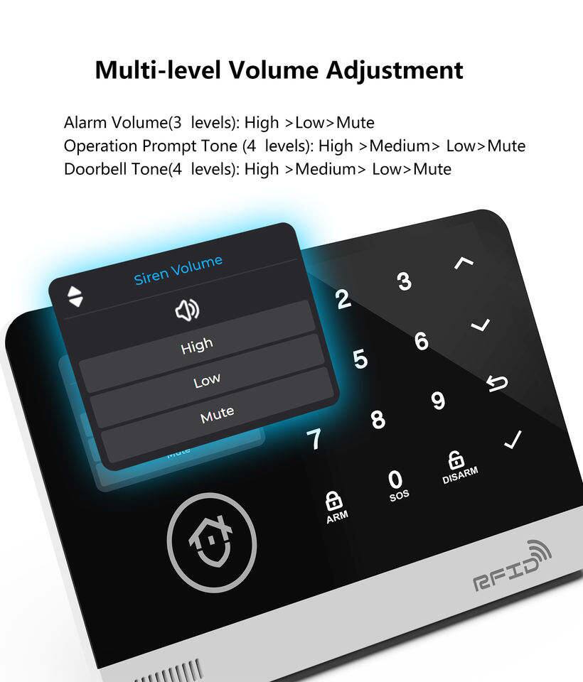 Multi-level Volume Adjustment

Alarm Volume (3 levels): High > Low > Mute  
Operation Prompt Tone (4 levels): High > Medium > Low > Mute  
Doorbell Tone (4 levels): High > Medium > Low > Mute  

Siren Volume: High > Low > Mute  

UO 7 3 2 J 6 5 9 8 7 L a 0 DISARM a Sos ARM RFID