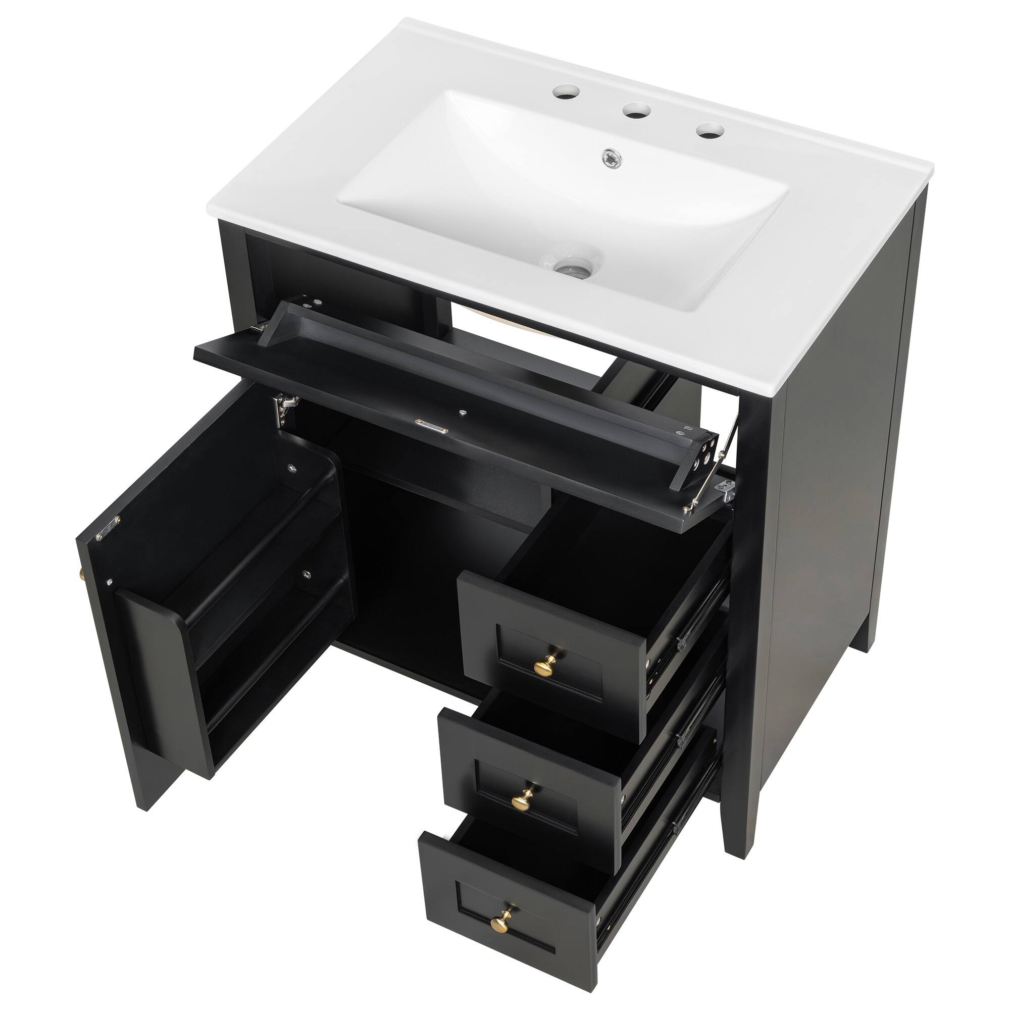 Alt View 1. Whisen - 30 Inch Bathroom Vanity with Ceramic Sink Combo Modern 3 Drawer 1 Left Door Storage Cabinet Freestanding - Black.